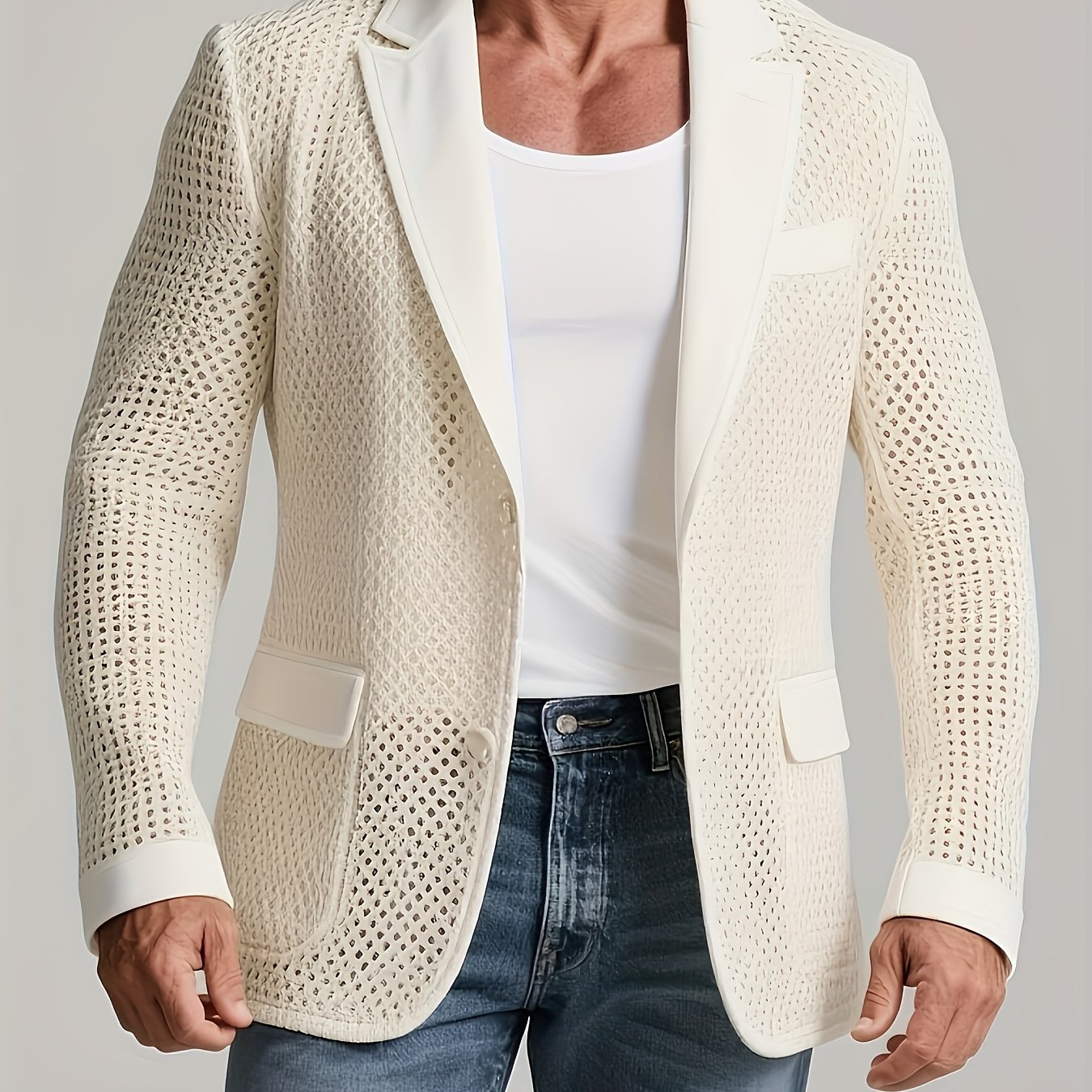 Image of Men's Hollow Crochet Notch Lapel Two-button Long Sleeve Blazer