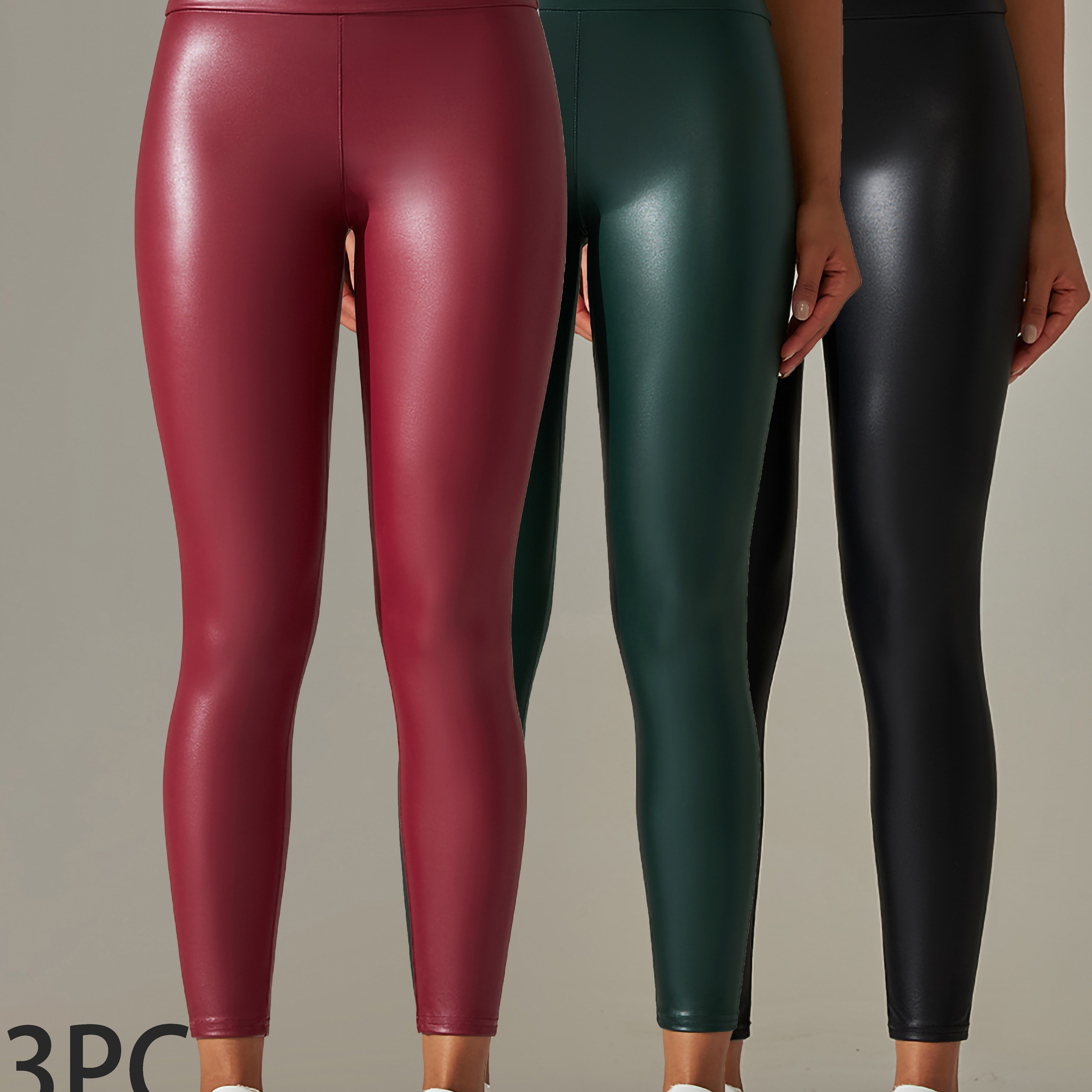 3pcs High-waist Athletic High-stretch Leggings, Solid Color Pu Pants, Thin Base Layer Tights, Women's Athletic Wear