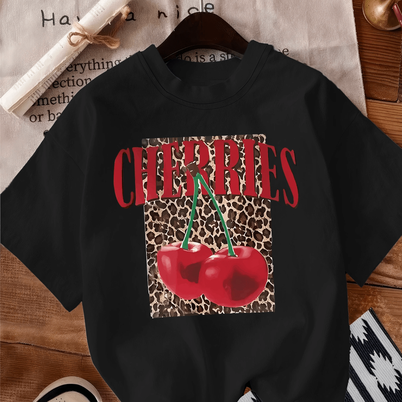 TEMU Women's Casual "cherries" Graphic Tee - Black Short Sleeve Crew Neck T-shirt With Red Cherries & Leopard , Top For Casual Attire, Casual Attire