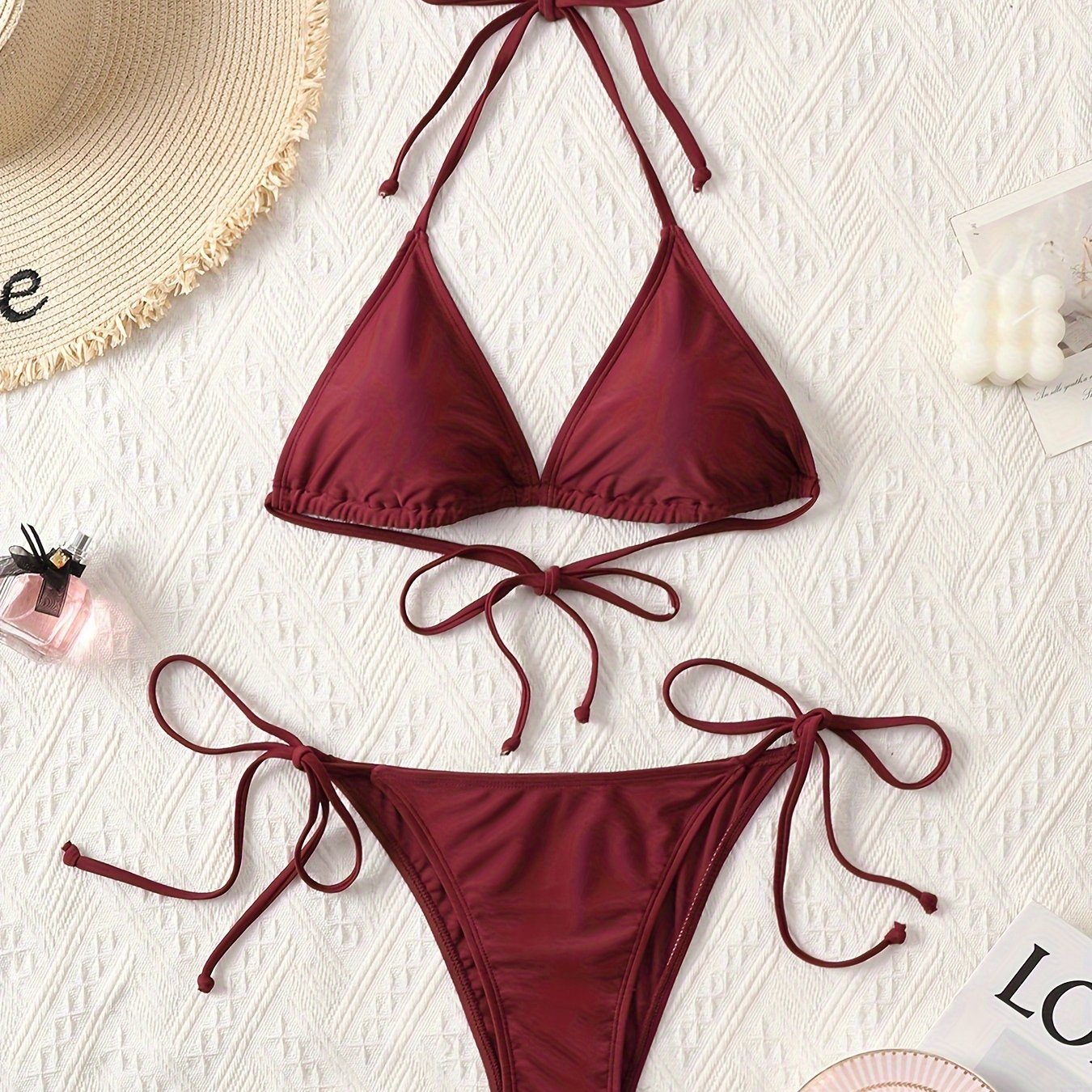 Classic Sexy Bikini Set, Halter V-neck, Backless Design, Side-high Cut Two-piece Classic Bikini Swimsuit, Triangle Top, Side-tie Shorts, Beach Pool Party Essential