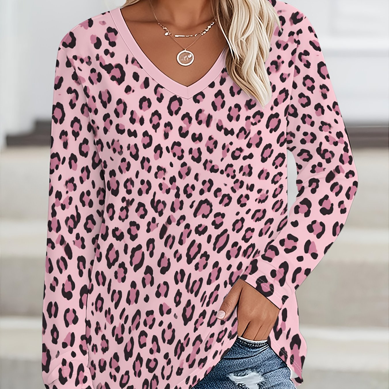 TEMU Plus Size, Temperament Style Women's Plus Size Long Sleeve T-shirt, Loose V-neck Softened Leopard Print Top, Medium Stretch Skin-friendly
