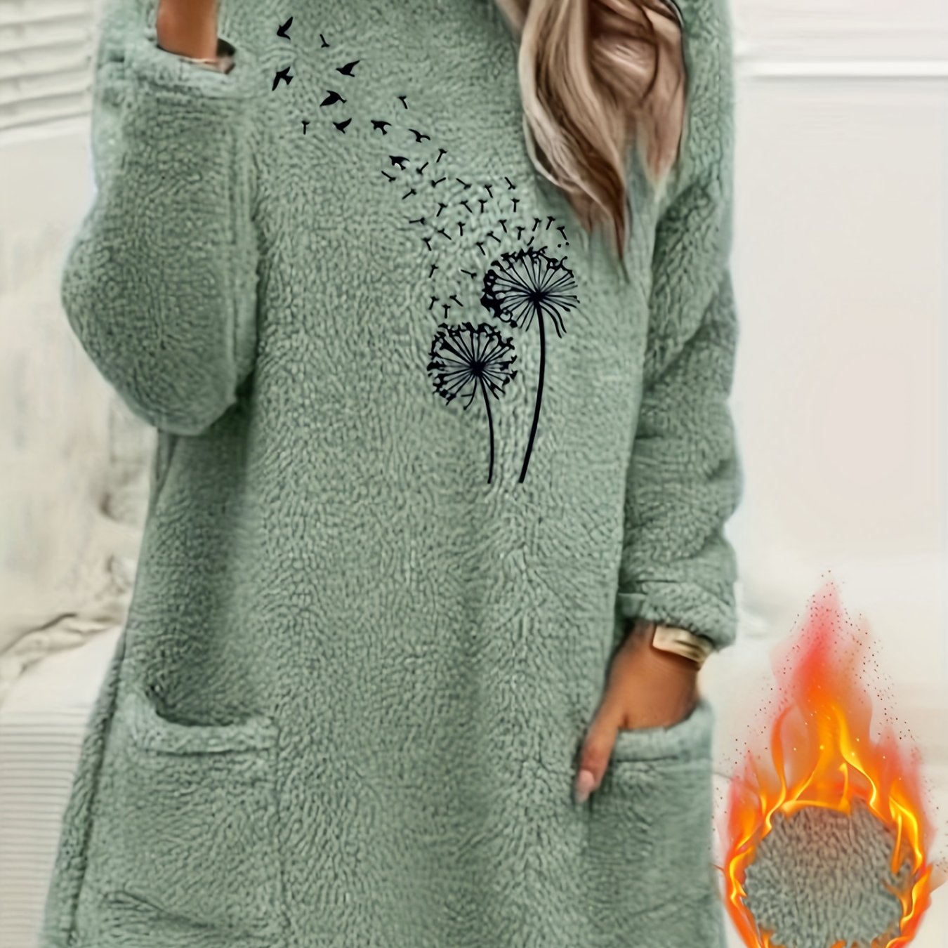 TEMU Sweat-shirt à manches longues pour femmes, doublé en et imprimé - , extensible et décontracté pour /hiver, orange, col rond, coupe régulière,