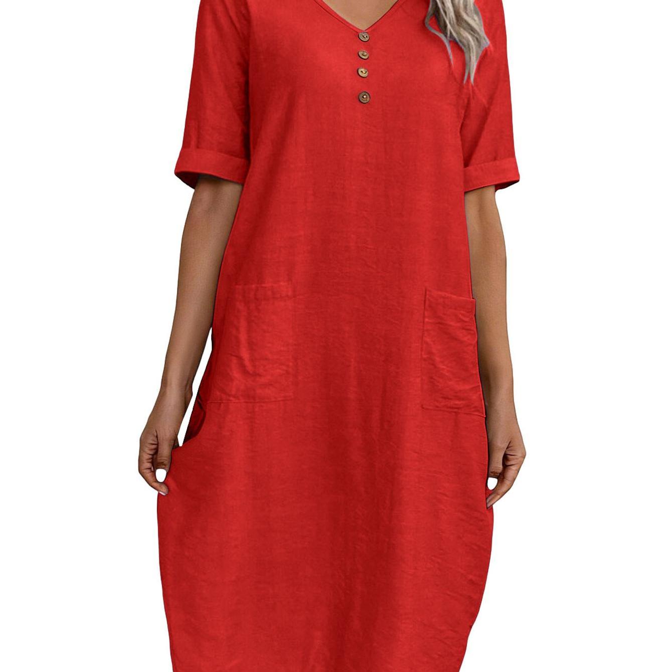 Image of Women's Short Sleeve V-neck Dress, Casual Midi Dress With Pockets, Button Detail Summer Dress