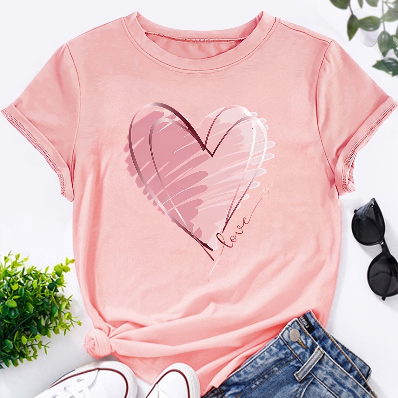 TEMU Women' Blue Casual Short Sleeve T-shirt - Heart Graphic Print With Design, Relaxed Fit Round Neck, Semi-sheer Fabric & Medium Stretch, Machine Washable Top, Mediumstretch Material
