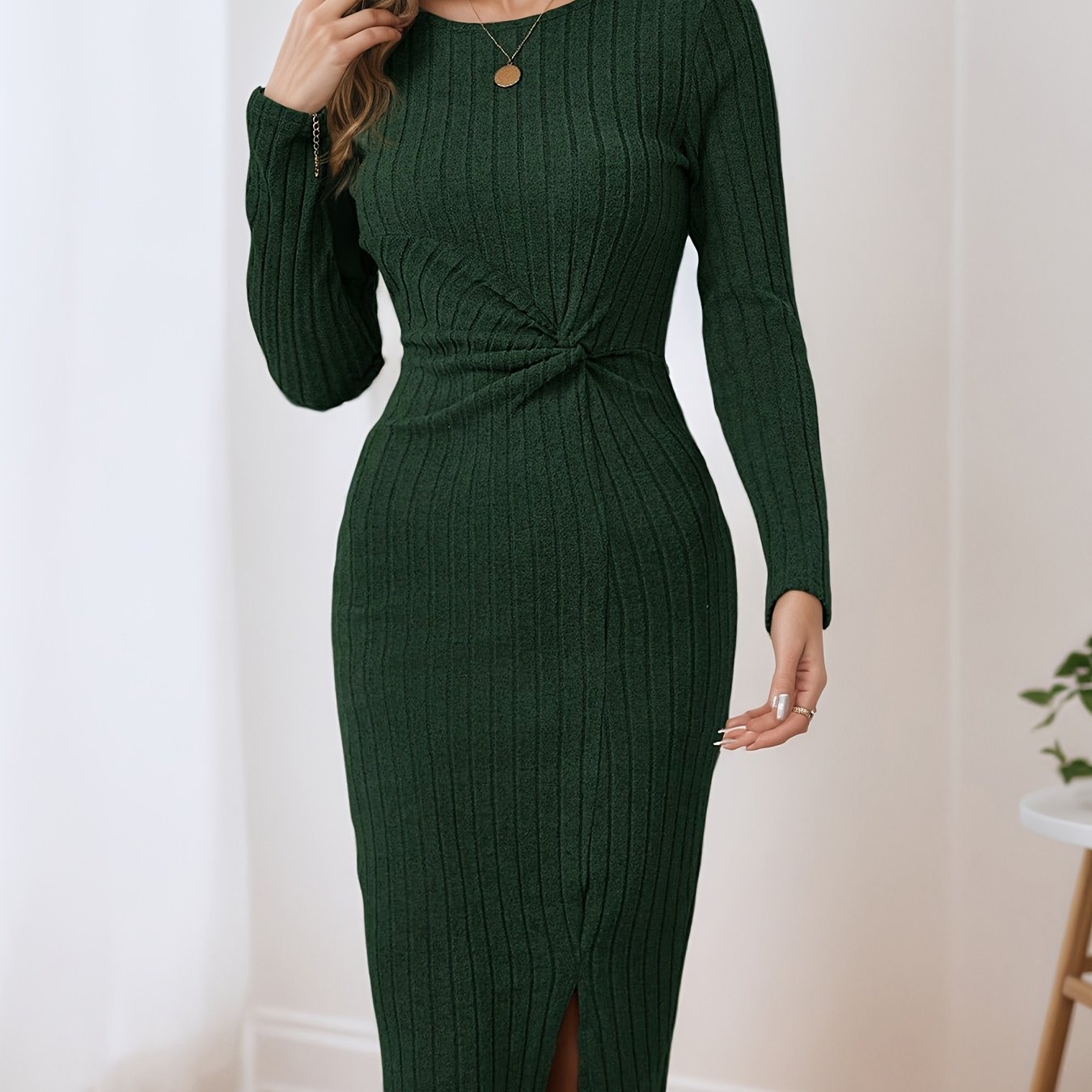 Image of [xs-l Women's Dress] Dark Green Vertical Striped Commuting Long-sleeved Midi Dress Slit Design Workplace Light Mature Women's Spring And Autumn Dating Essential