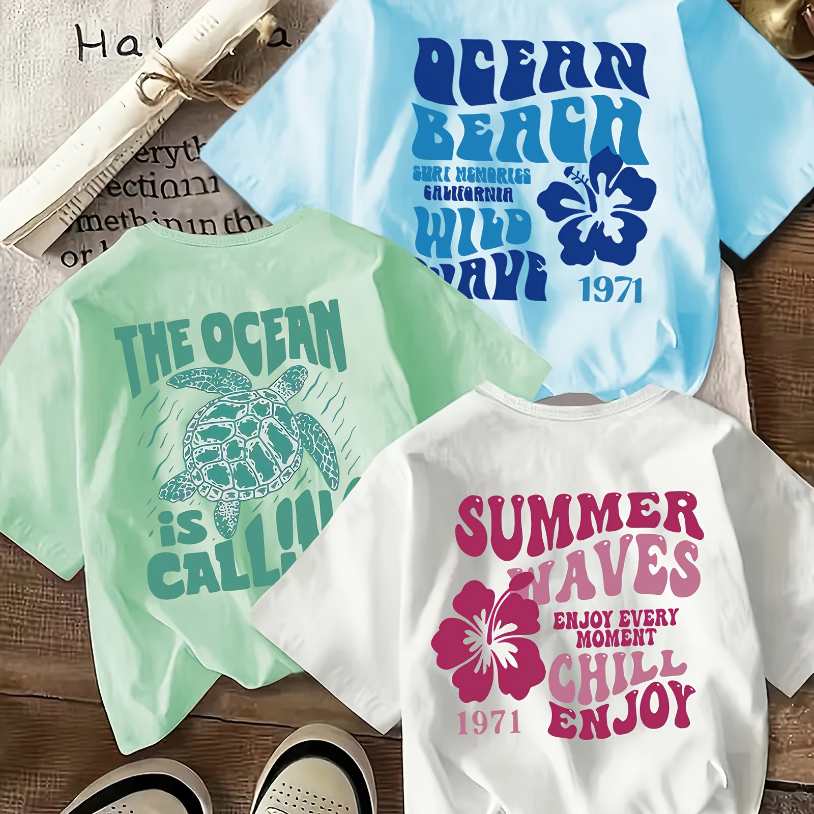 3-pack Girls' Vintage Fashion Short-sleeve T-shirts, Comfortable Polyester Fiber Casual Summer Tops With And Vibe Pattern Print, Suitable For Daily Wear And Vacation