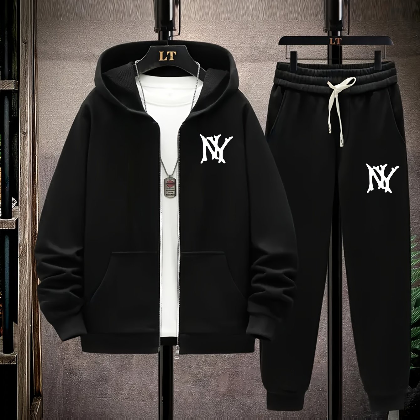 Image of Hooded Zip-up Jacket Set With Ny Letter Prints On The Front And Back, Featuring A Hooded Cardigan With Drawstring Matching Fleece Pants, Essential For Autumn And Winter, Plus Size