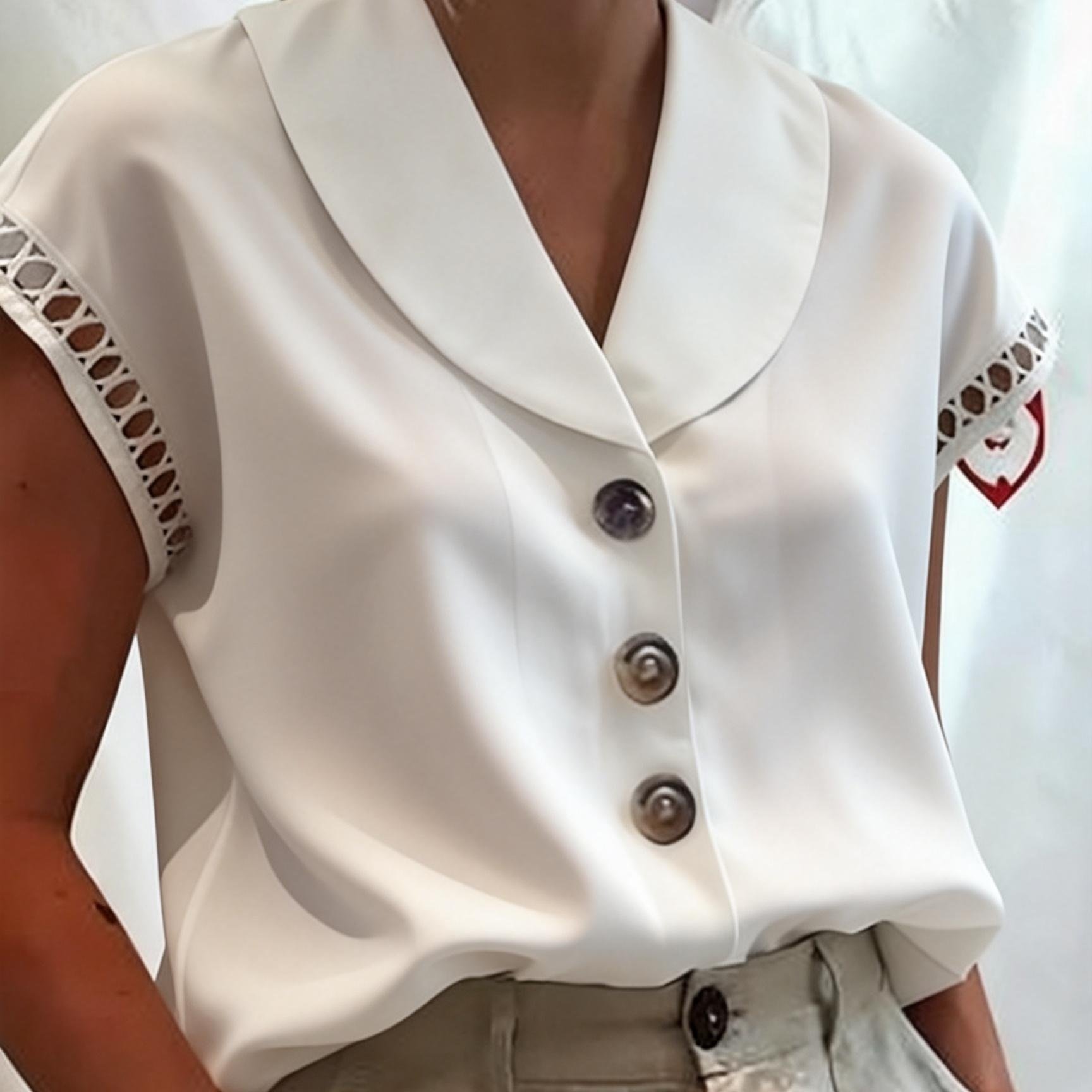 TEMU Summer Women's Shirt Elegant Solid Color Hollow Lace Splicing V Neck Short Sleeve Shirt Women