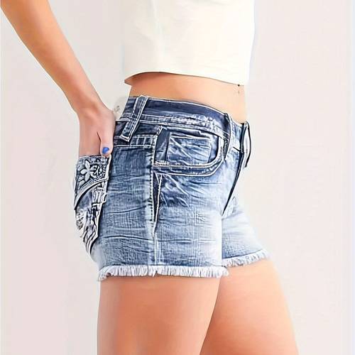 new womens pocket embroidered denim shorts