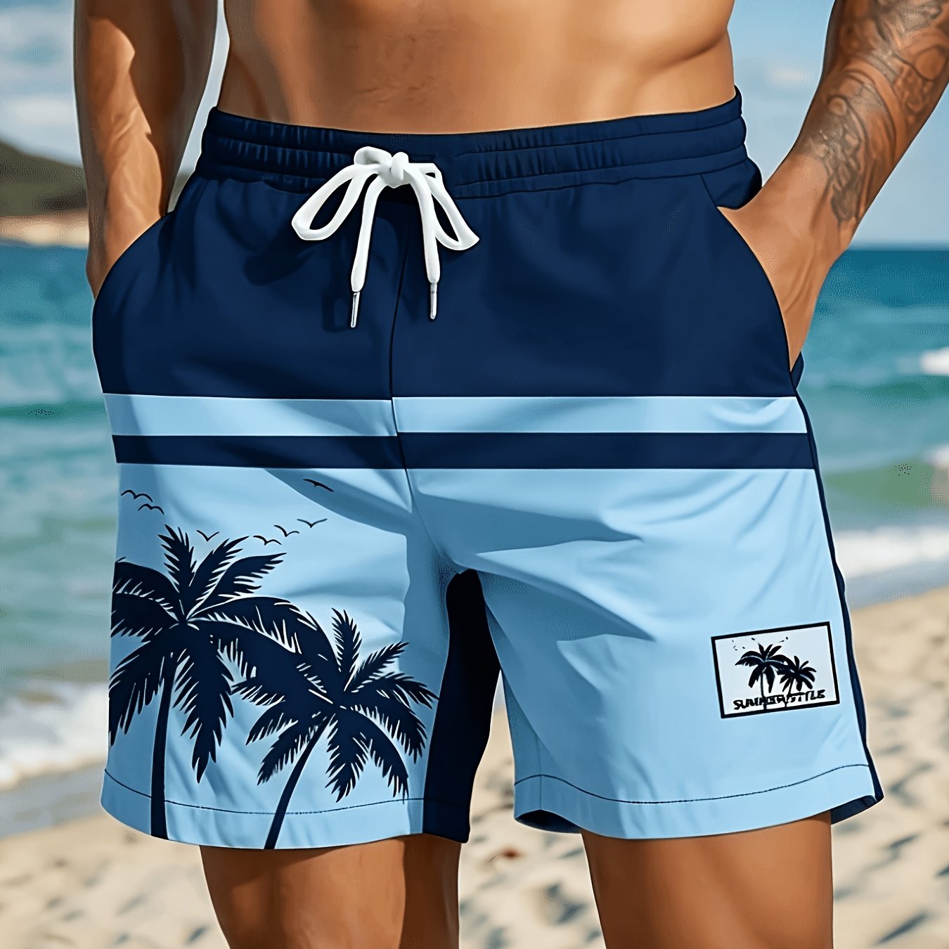 TEMU Pantaloncini da estivi stile hawaiano con motivo a blocchi di e palma da , , moda casual, trendy, per vacanze al mare