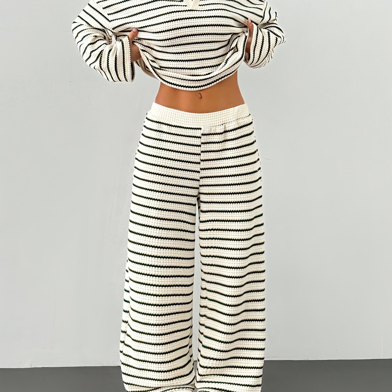 TEMU V-neck Drop-shoulder Long-sleeve T-shirt And Elastic Waist Striped Pants, Winter Sweater Set, Autumn-winter Women's Striped Casual
