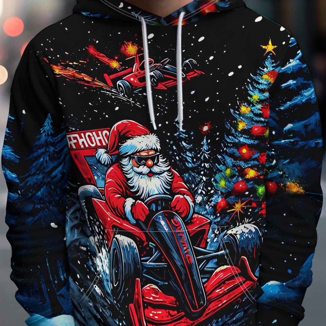 TEMU Men's Hooded Sweatshirt Featuring A Cartoon Racing Santa Claus Print, Perfect For Casual Sportswear And Machine Washable, Ideal For Everyday