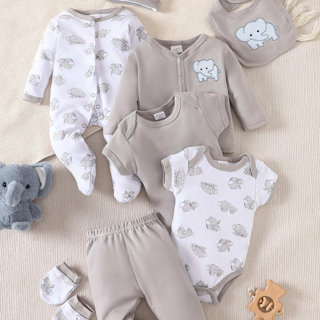 Image of 8pcs Baby Boy Newborn Bodysuit Set, Material, Comfortable And Breathable, Gray Cartoon Elephant Pattern, Suitable For 0-9 Month Old Babies To Wear Indoors And Outdoors, As A Gift, For Outdoor