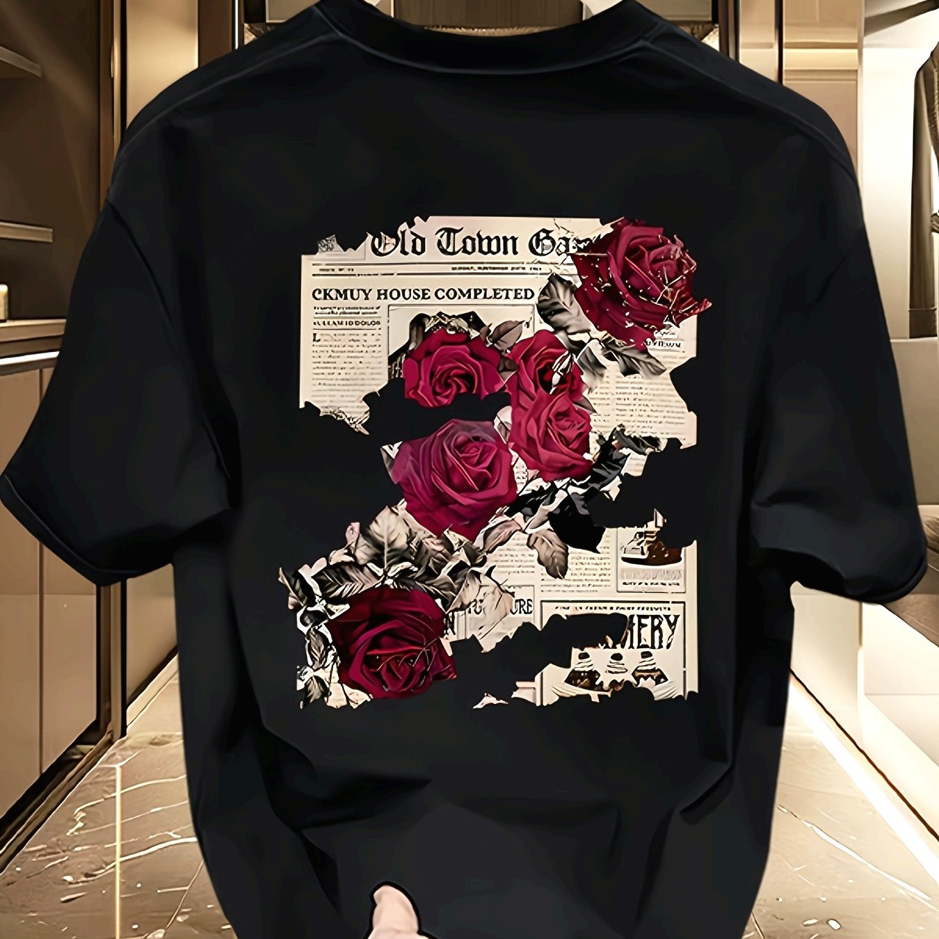 TEMU T-shirt à manches courtes décontracté pour homme - Imprimé thermotransfert motif rose, tissu tricoté 100% respirant, coupe régulière, col rond,