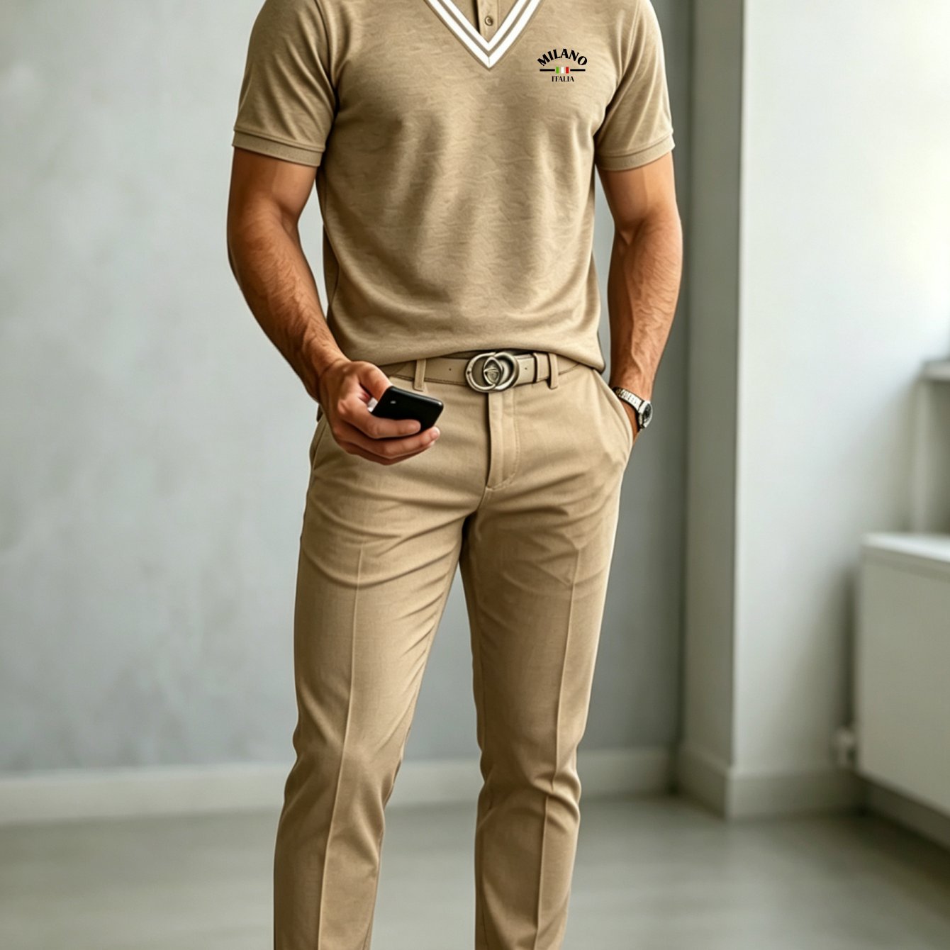Image of Two-piece Set: Men's Business-casual Printed Shirt (short Sleeve) With Matching Trousers - Multiple Colors , Plus Size