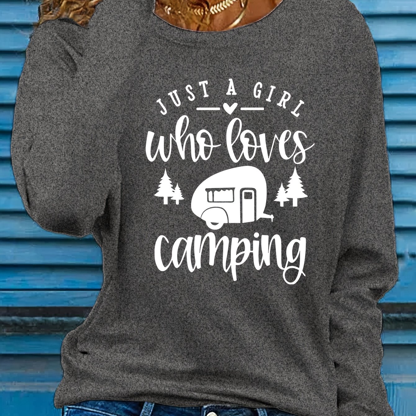 TEMU 1pc T-shirt décontracté à manches longues pour femme avec " Who Camping", col rond, tissu en polyester tricoté, coupe ajustée, longueur standard