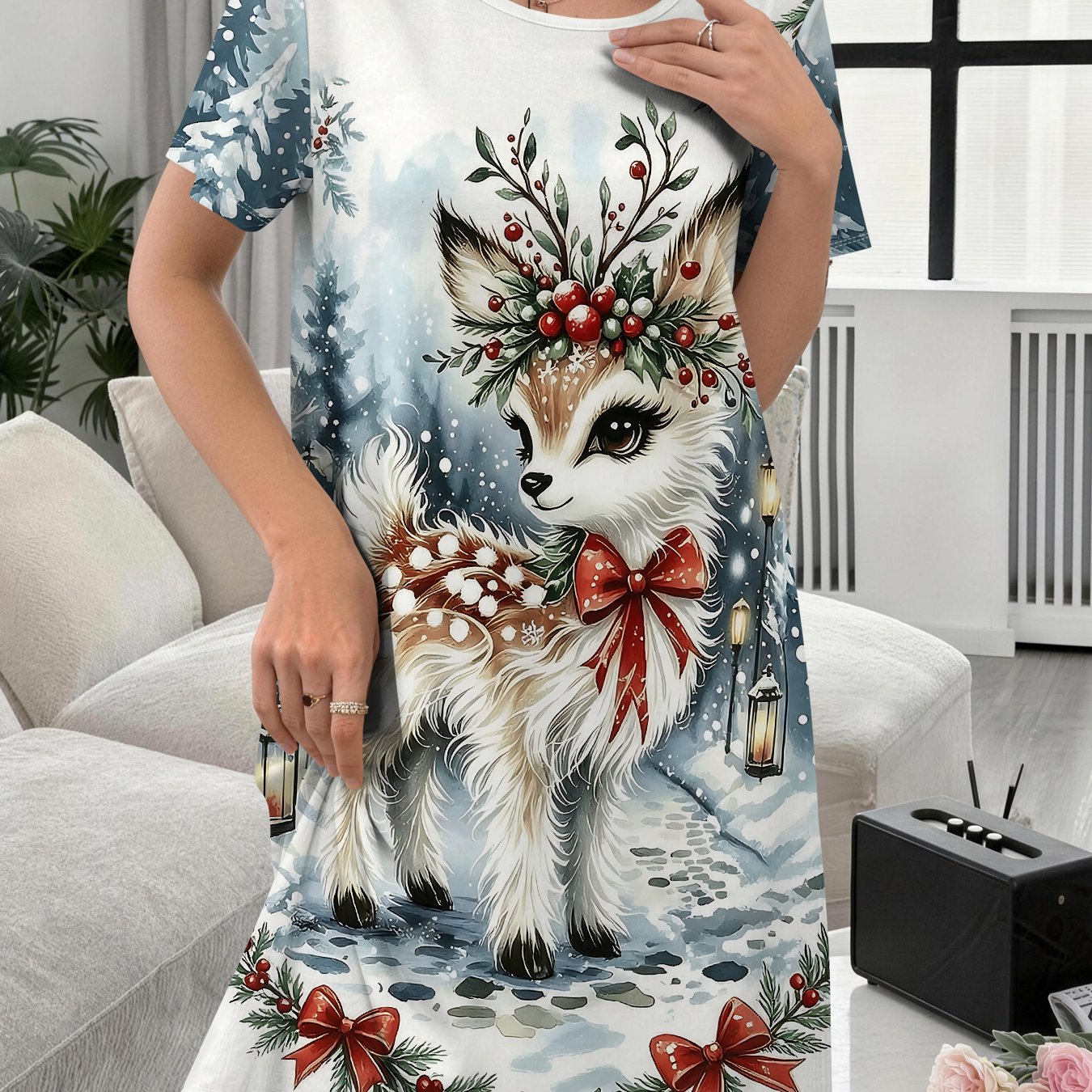 TEMU Nuisette d'intérieur décontractée pour femmes, manches courtes imprimées avec de scènes de Noël, d' et de neige, confortable pour , chemise de