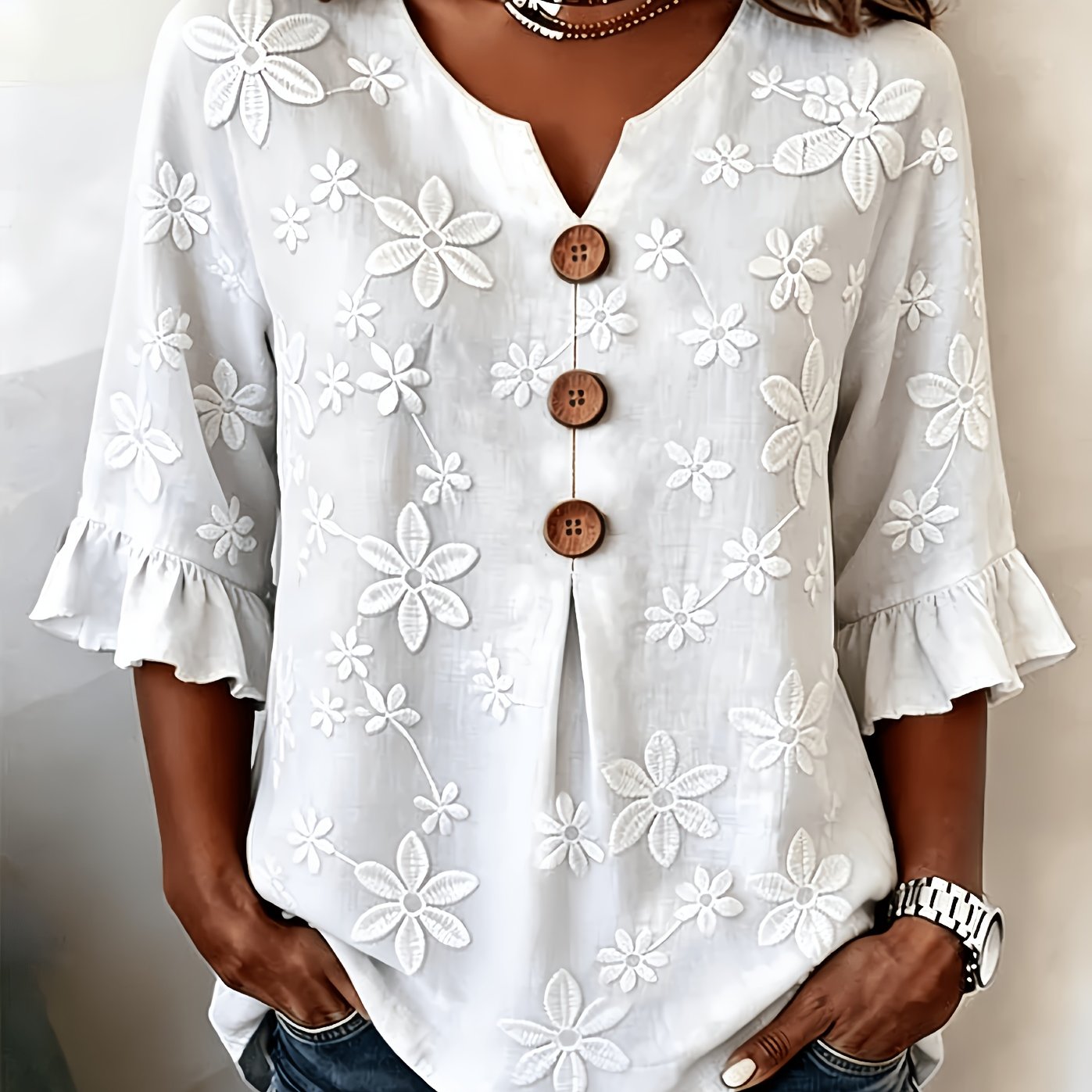 Women's Floral V-neck Notched Hem Embroidered Commuting Daily Summer Pretty Blouse