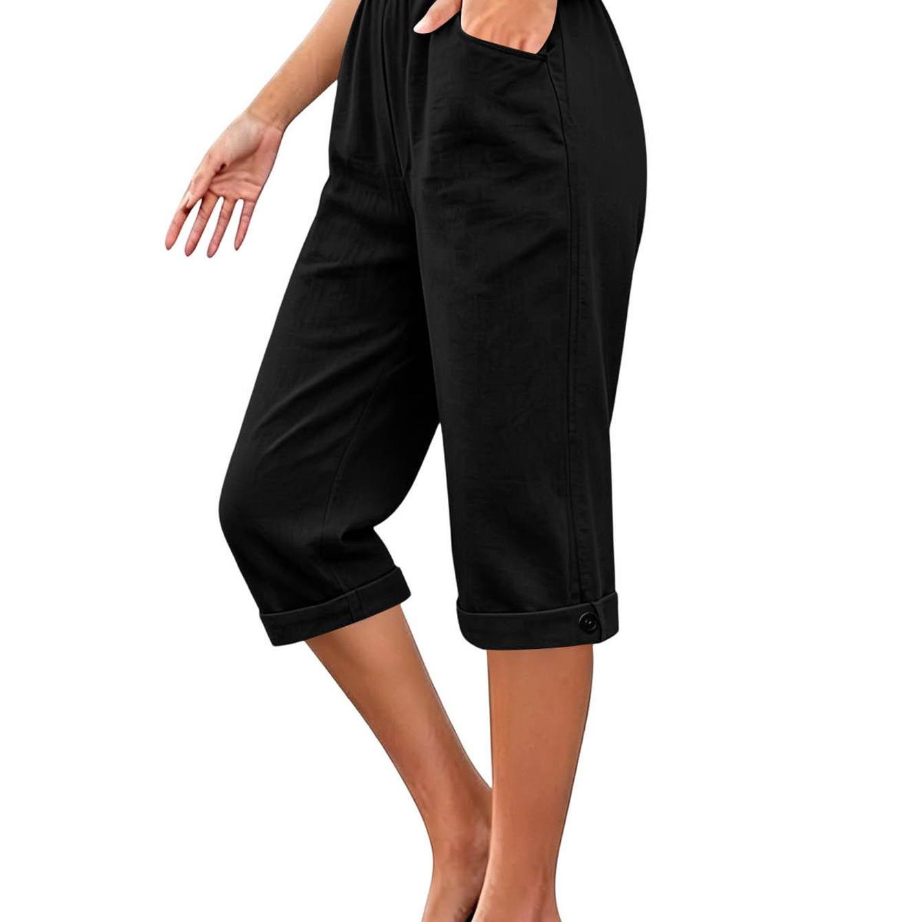 Image of Women's Elastic High Waist Cropped Wide Leg Capri Pants, Loose Fit Trousers With Pockets