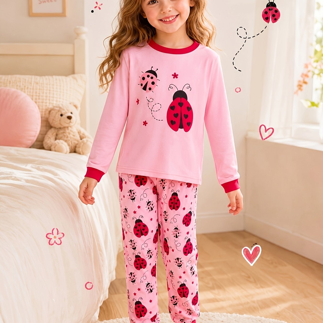 Image of 2pcs Girls' Casual Underwear And Pajama Set, Cute Ladybug Pattern Round Neck Long Sleeve And Long Pants, Comfortable And Skin-friendly Set, Ideal As A Daily Gift