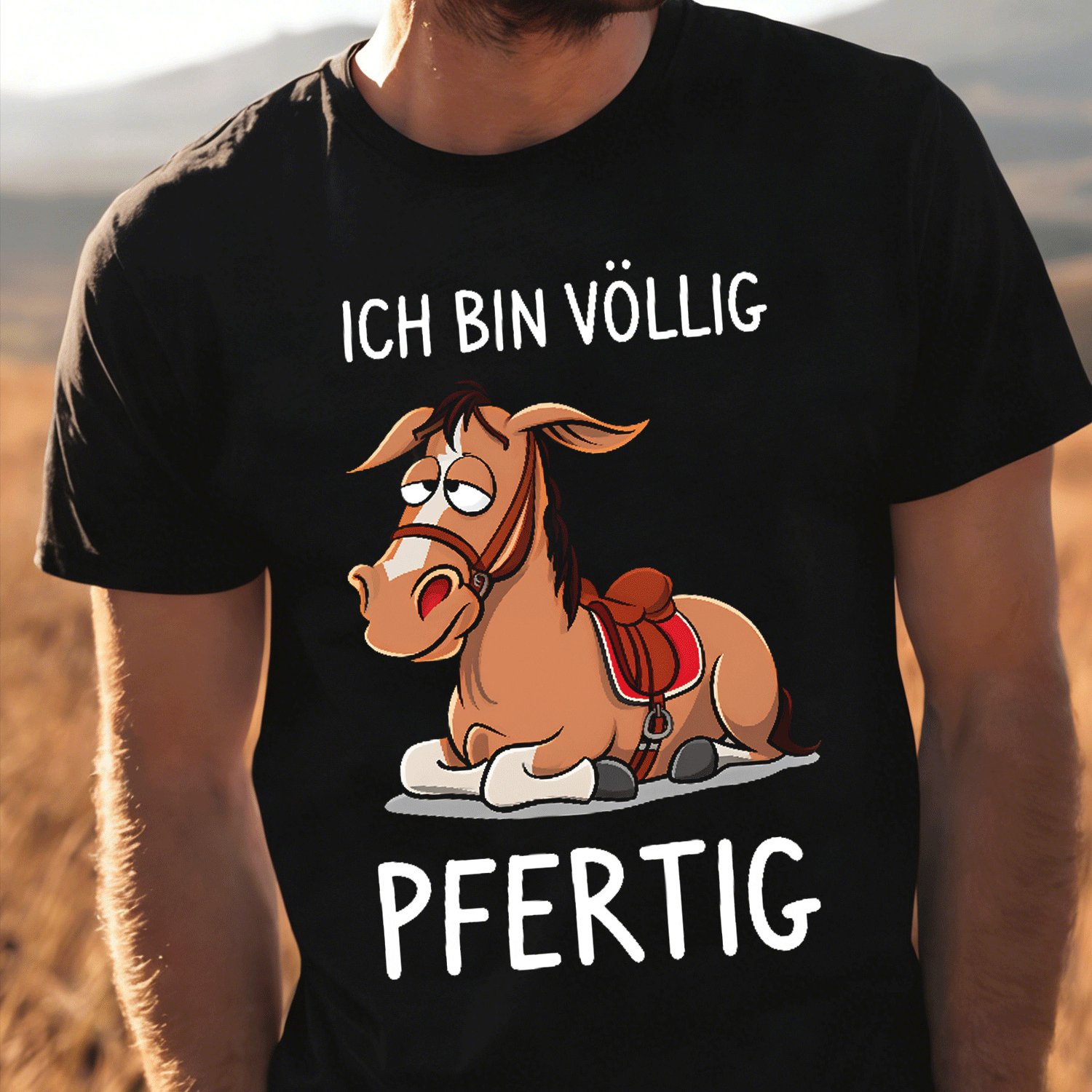 Image of Exhausted Cartoon Horse Lying Pfertig Pun Finished For Men Women Unisex Funny T-shirt