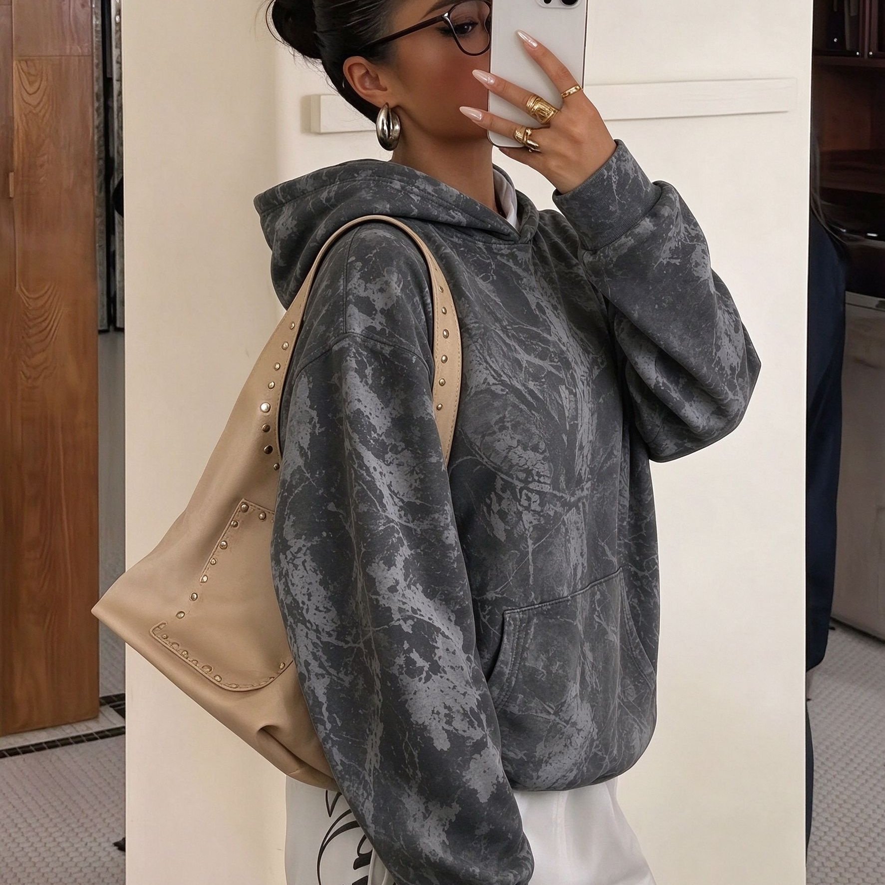TEMU Early Autumn Women's Hoodie, New Autumn-winter-summer Sports Tie-dye Print Pocket Women's Sweatshirt, Y2k Branch And Maple Leaf Print, Women's