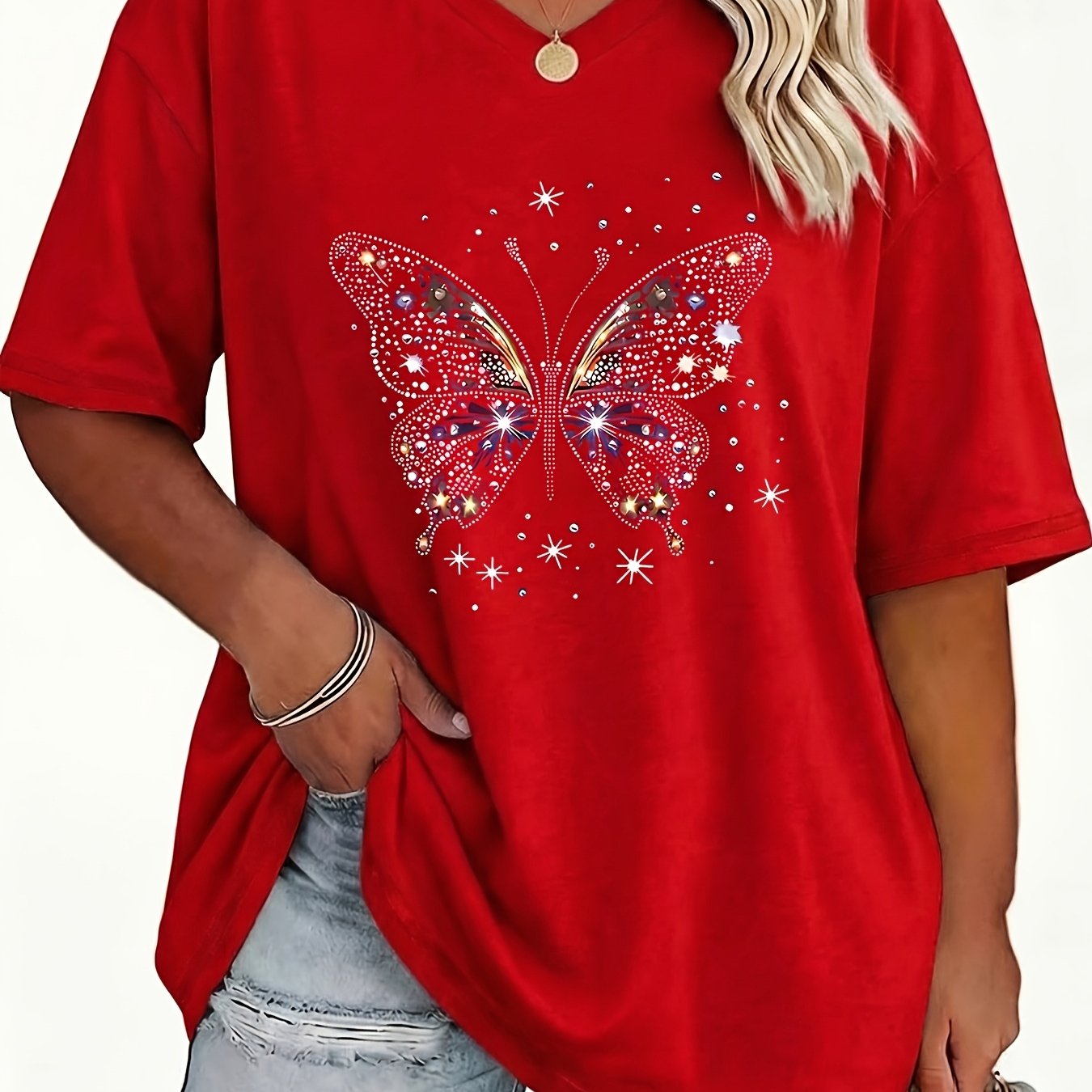 TEMU Plus Size, Plus Size Women's V-neck Geometric Pattern T-shirt