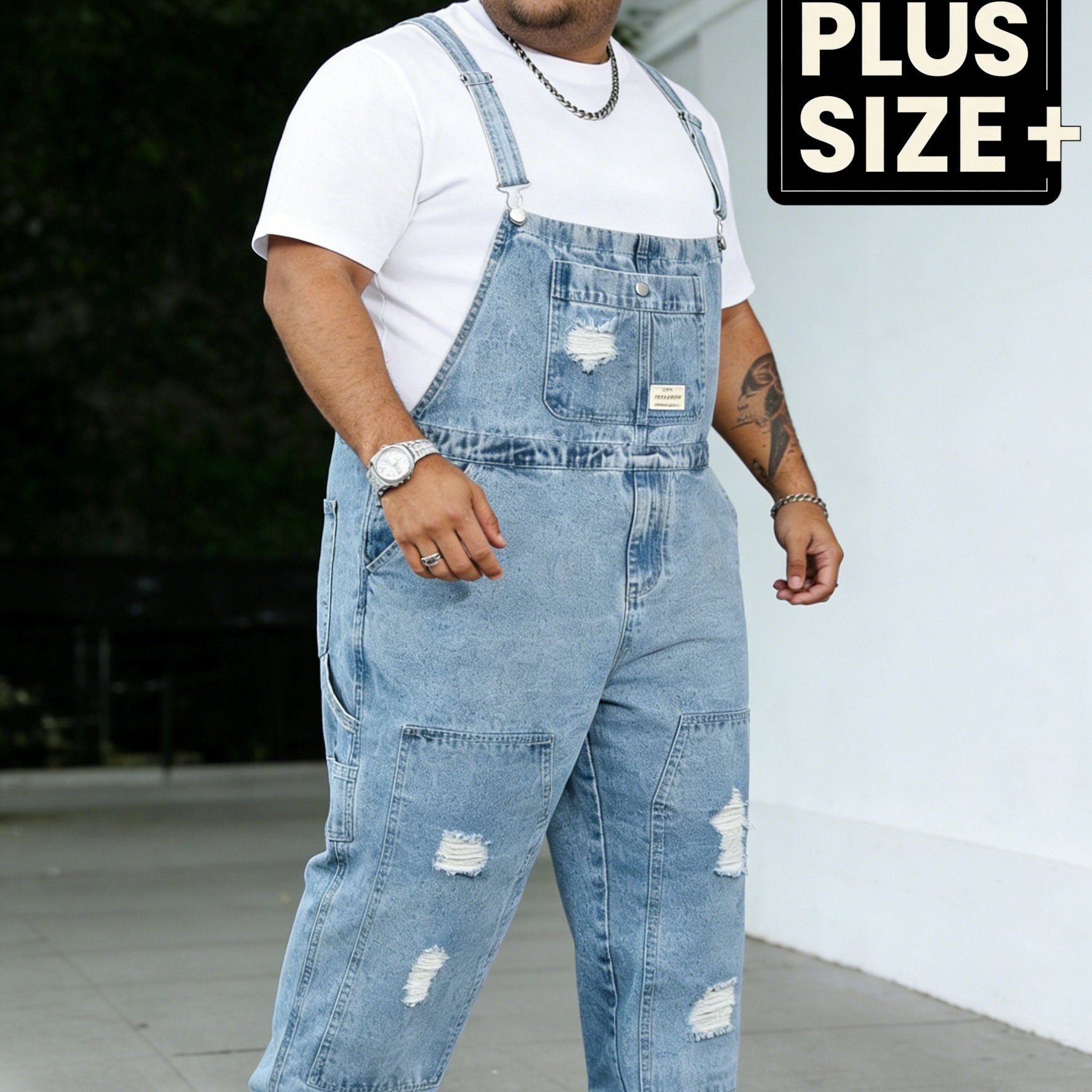 Image of [allsro] Four-season Men's Plus Size Casual Overalls, Light Wash Blue, 3d Tailoring Loose Wide Leg, Multi-pocket Workwear Stretch Denim Trousers, Machine Washable