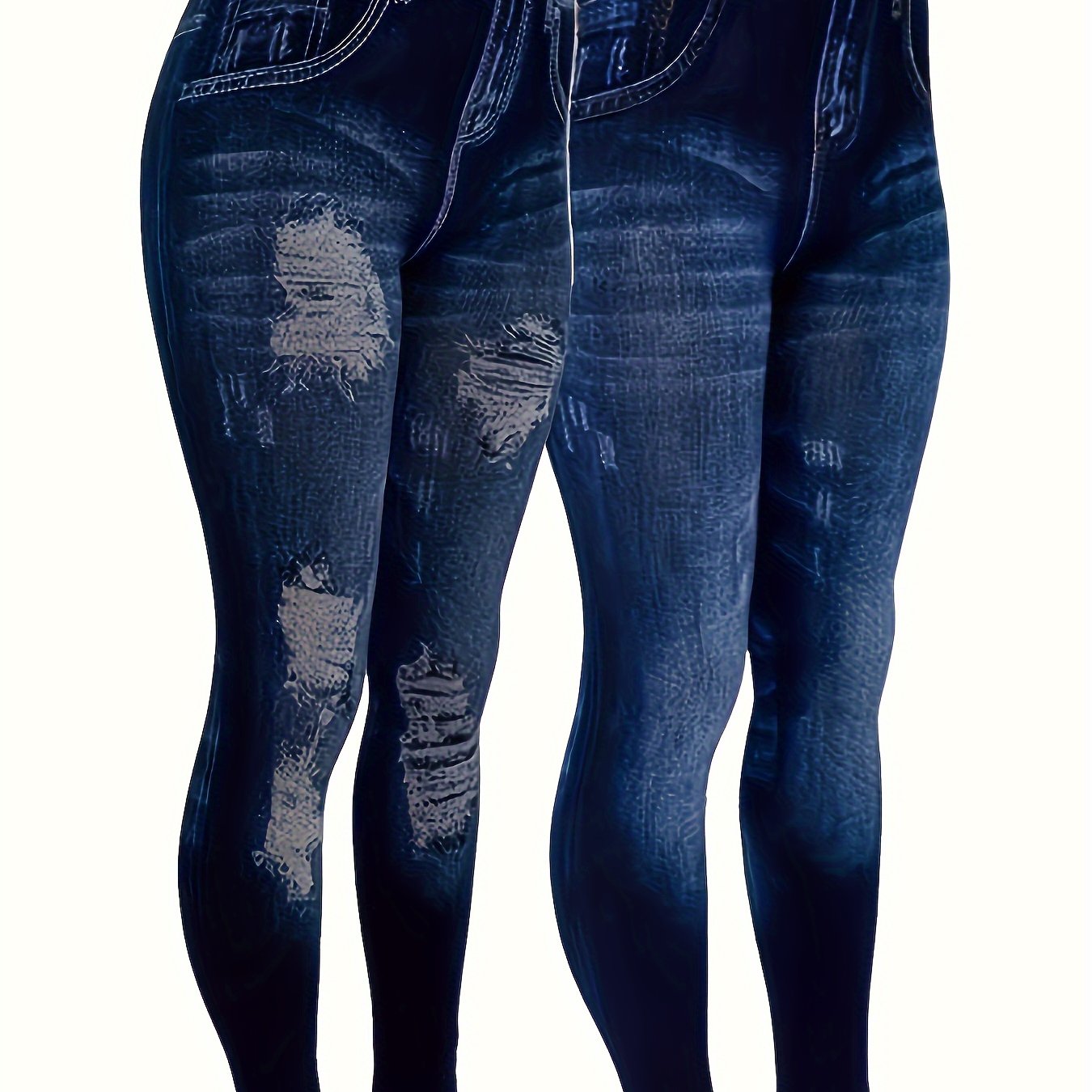 TEMU 2pcs Elegant Distressed Denim-look Leggings For Women - High Stretch, Machine Washable, Casual & Running Pants