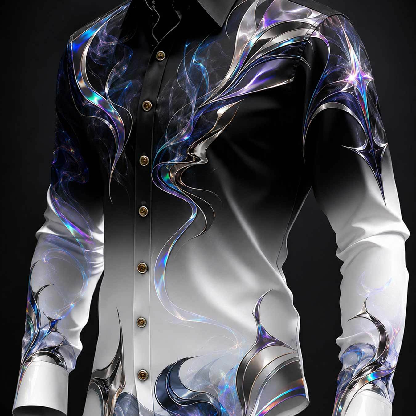 Image of Men's Collared Longsleeve Shirt Abstract Neon Smoke Print Modern Aesthetic Party Wear For Stylish Men Fashionable For Nightlife And Social Events, Plus Size