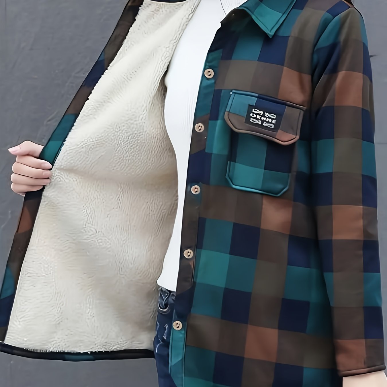 TEMU Women's Long-sleeve Plush-lined Thickened Plaid Shirt Jacket, New 2025 Fall/winter Style, Loose Fit, Warm, Age-reducing, Brushed Fabric Top