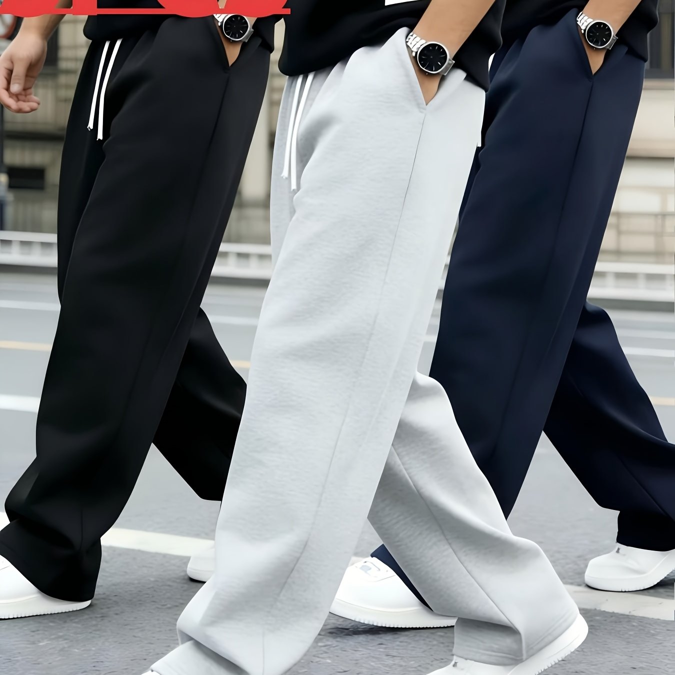 TEMU Men's Casual Sweatpants, Pack Of Three, Loose Straight-, Fleece-lined For , Skin-friendly Fabric, Suitable For , Leisure Activities, And Sports.