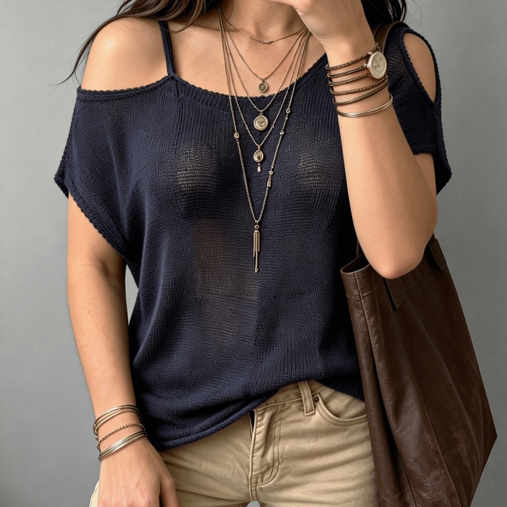 TEMU Plus Size, Summer Shiny Off-shoulder Slant Shoulder Design Loose Fit Breathable Versatile Vacation Dark Tone Fabric Top