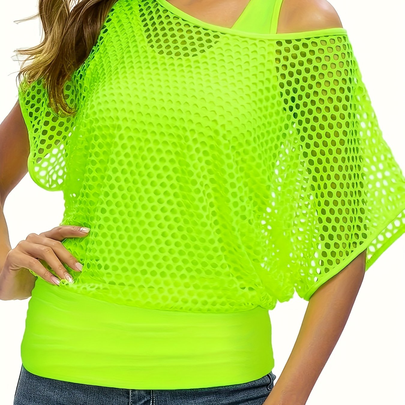Image of Plus Size, Plus Size 2pcs Women's Casual Vintage Fishnet T-shirt And Tank Top Set With Cut-out Design For Vacation And , Niannian Special