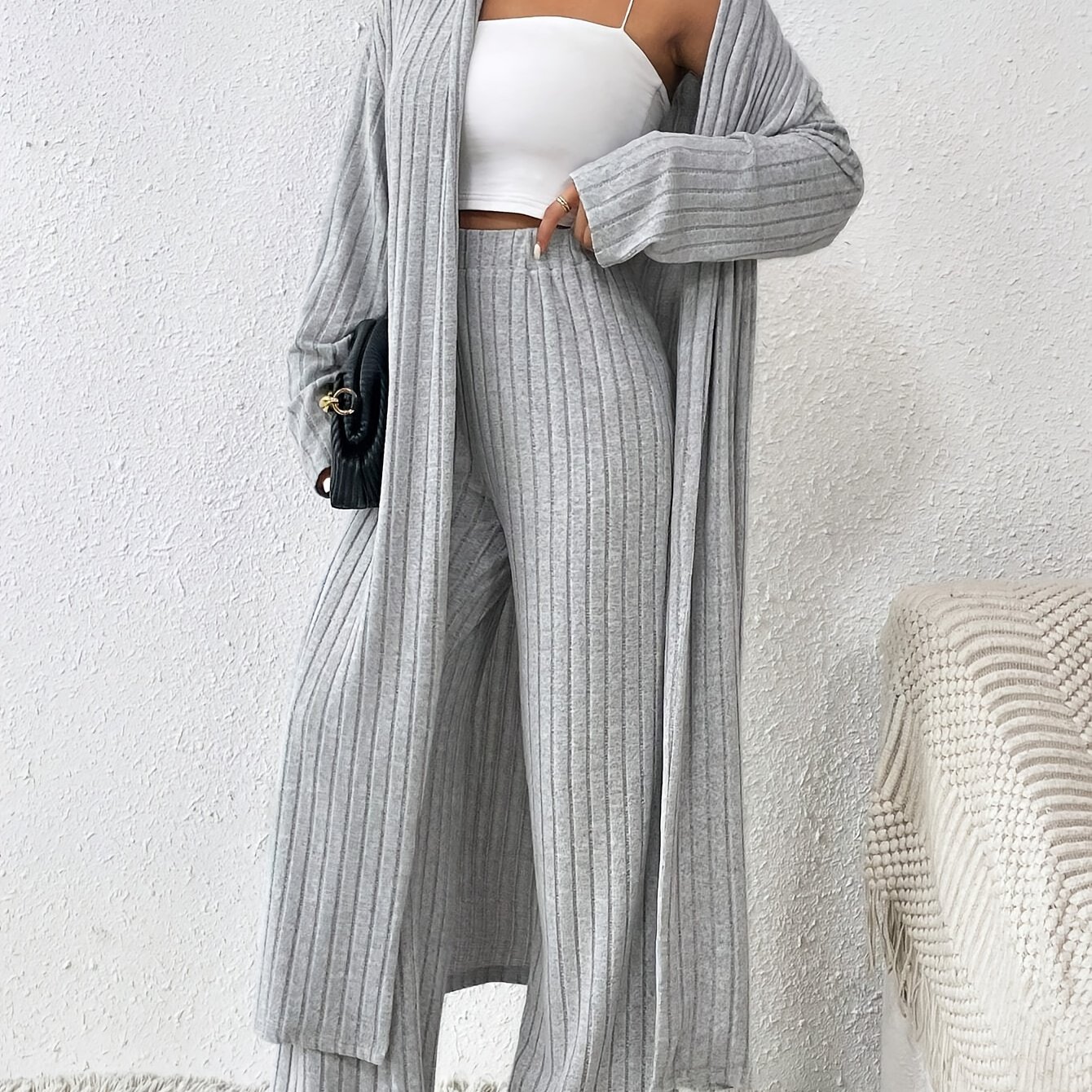 TEMU Elegant Women's Ribbed Knit Outfit - Comfy Long Cardigan & Wide-leg Pants Set, Machine Washable