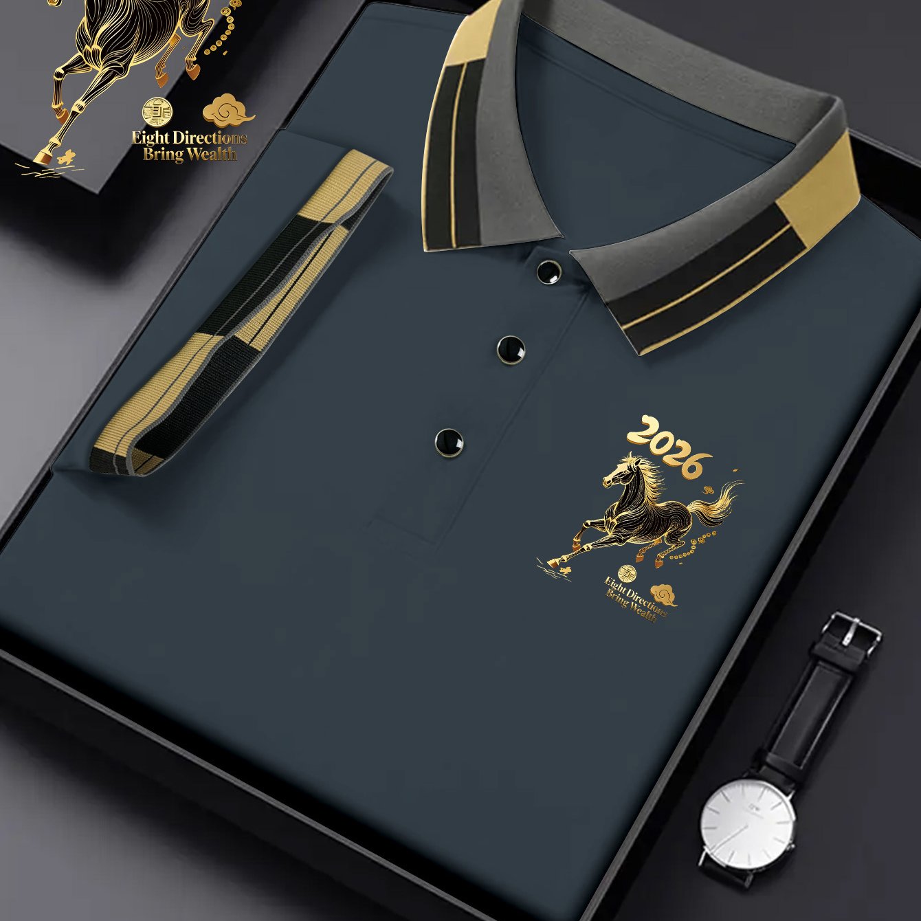 TEMU Hh4847 Classic 2026 New Model Golden Horse Symbol Print Men's Golf Shirt With Collar, Short Sleeve, Stretchy, Breathable, Wear, Comfortable And