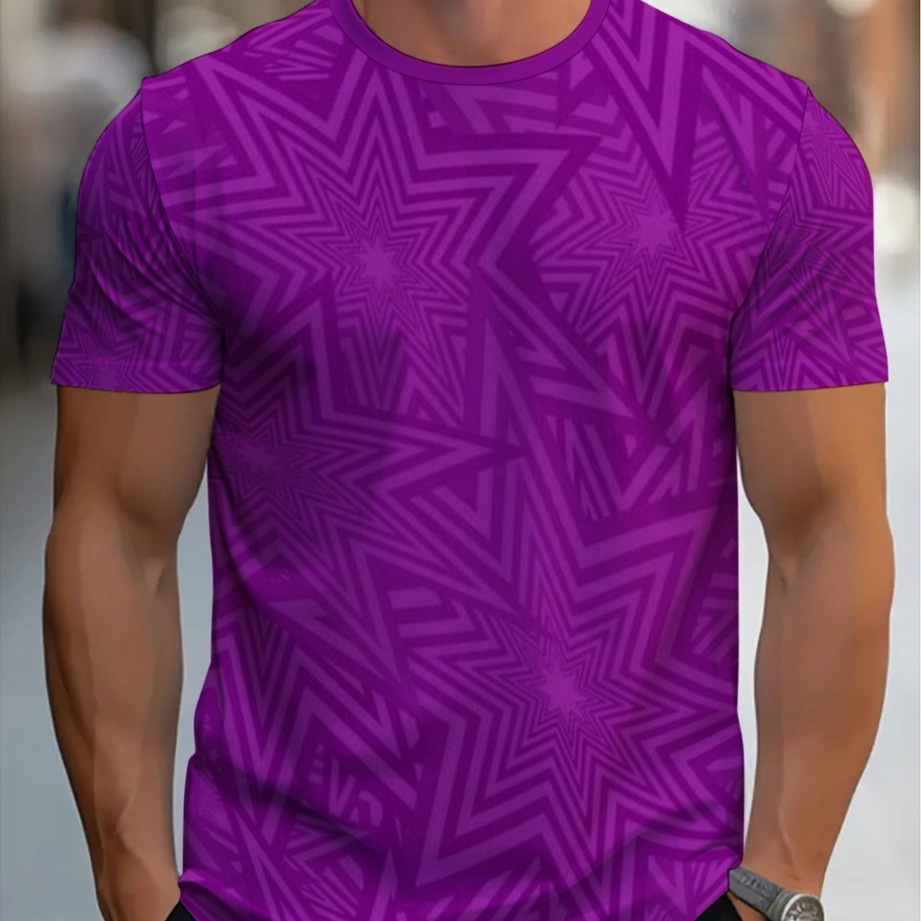 TEMU Men's Purple Short-sleeve T-shirt With Geometric Print - Lightweight Round Neck Casual Shirt Suitable For Gym, Casual Attire & Outdoor