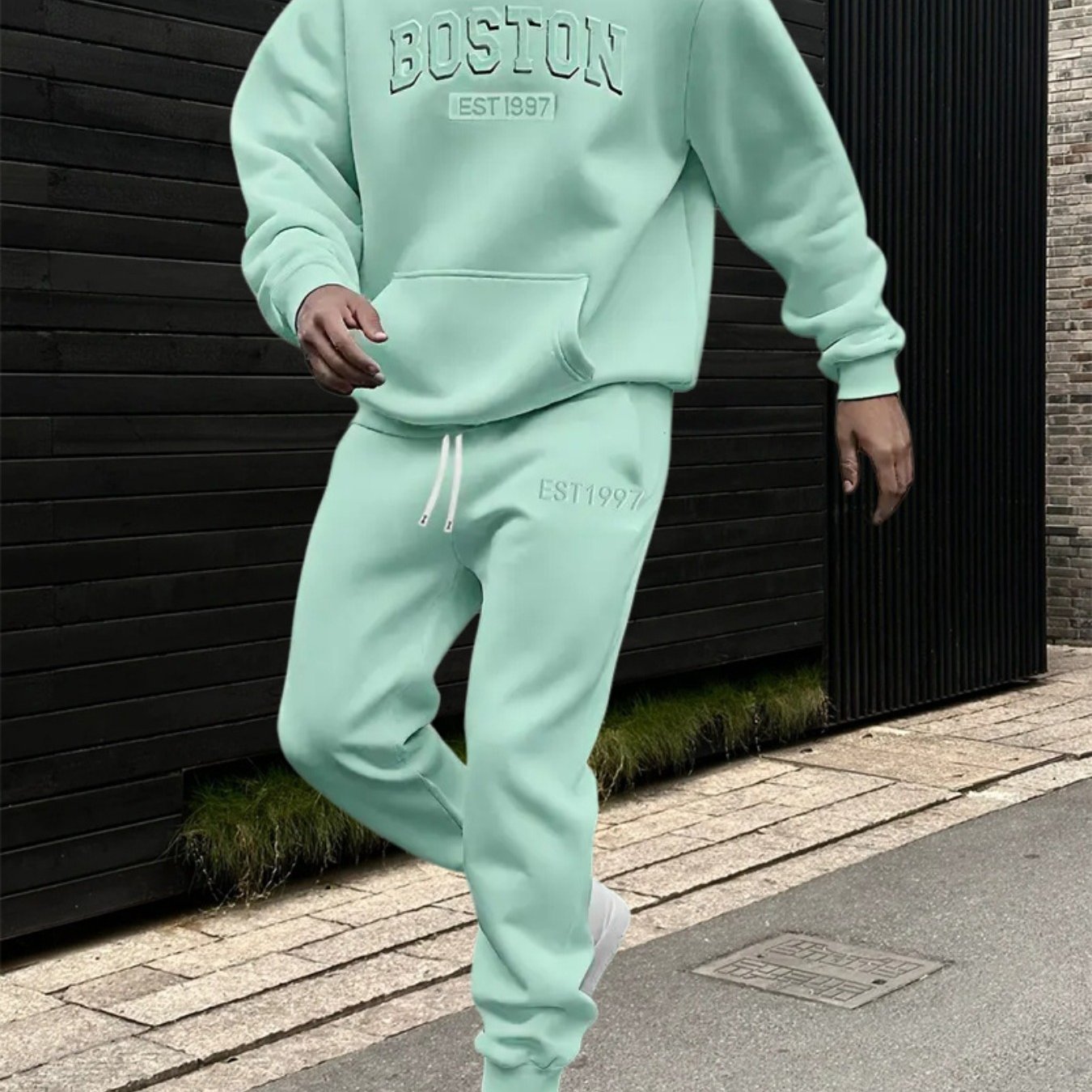 Image of [shop's 2pcs Set] Men's Plus Size Daily/streetwear : Mint Green Boston Letter Printed Hoodie Set, Minimalist And Stylish, Skin-friendly And Comfortable, Effortlessly Create Trendy