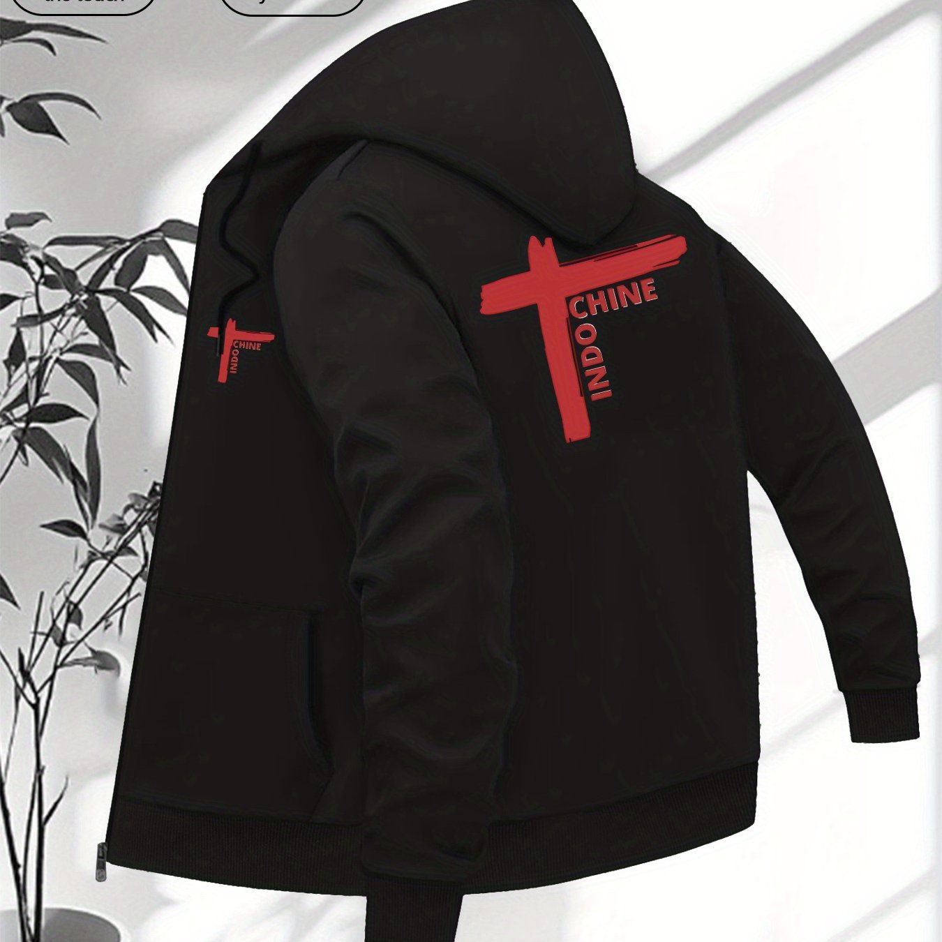 TEMU Veste à capuche zippée décontractée pour homme avec logo imprimé motif Indochine rouge - , lavable en machine, poches décontractées, veste à