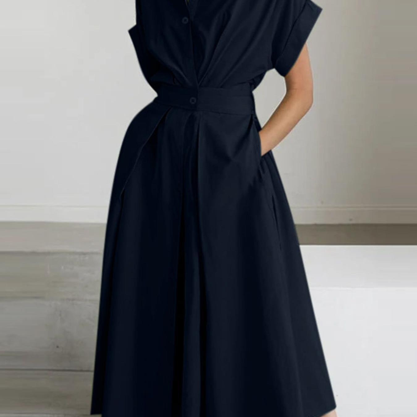 TEMU Women's Ol Style Solid Color Lapel Short Sleeve Front Buttons Up Waist Swing Street Style Easy All-match Lightweight Casual Shirt Dress