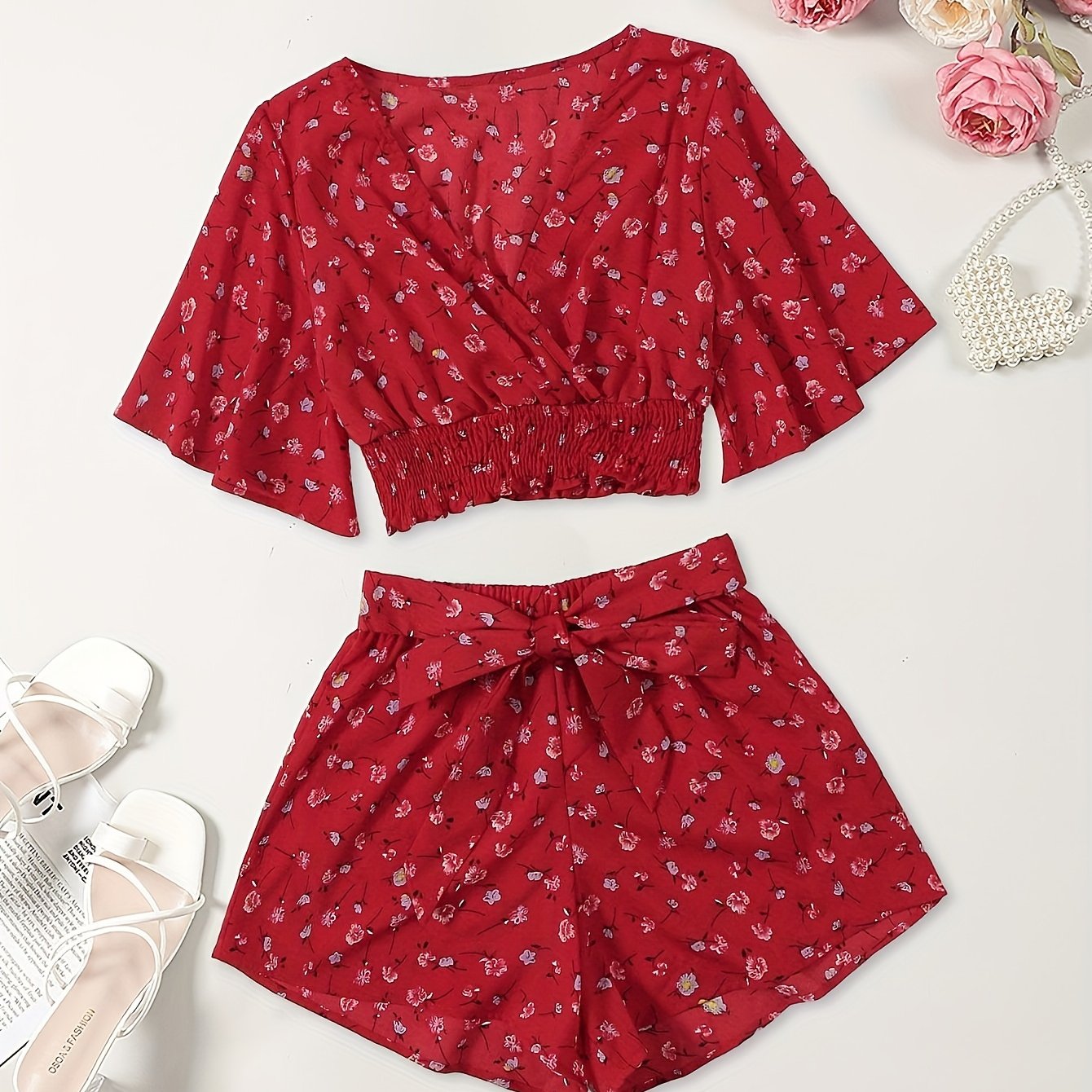 TEMU Women's Elegant Floral Print Top And Shorts Set, Polyester, V-neck, Ruched Waist, Bell Sleeve, Spring/summer Fashion, Woven Fabric, Collection
