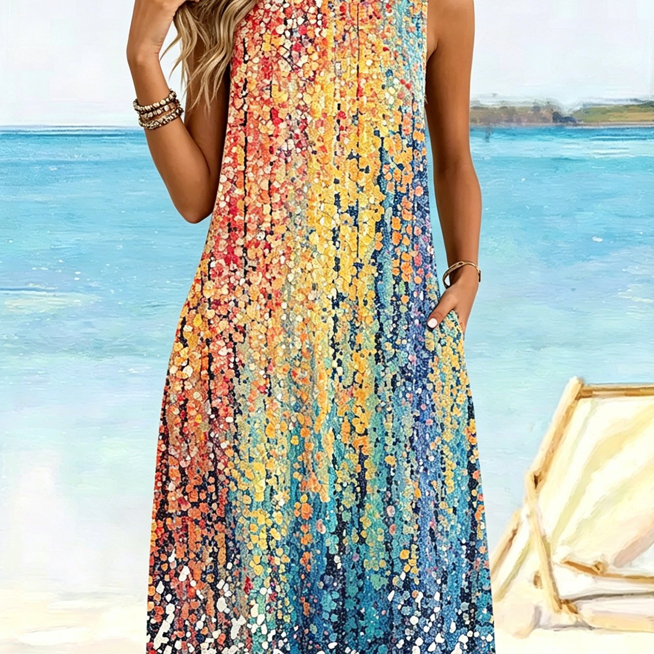 Image of Plus Size Summer Rainbow Gradient Print Sleeveless Round-neck Vacation Dress - Women's Mid-length Casual Dress With Side Pockets, Ideal For Commuting And Vacation Wear