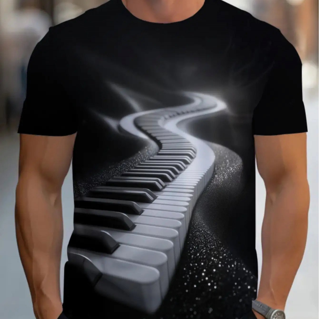 TEMU Men's Lightweight Short-sleeve Piano Key Pattern Printed T-shirt - Breathable And Comfortable Daily Casual Music-themed Top, Durable