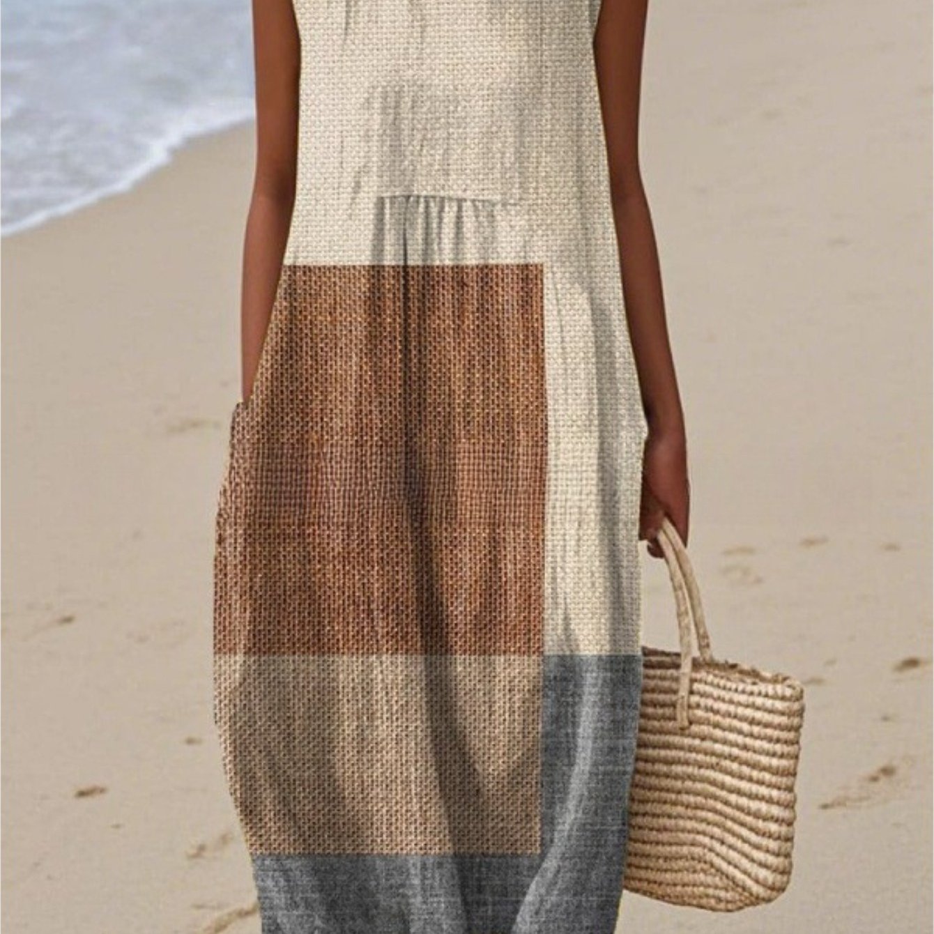 Image of Plus Size - Plus Size - Plus Size Women Sleeveless Tank Dress, Color Block Print Midi Dress, Casual Minimalist Style, Perfect For Beach Vacation Daily Wear