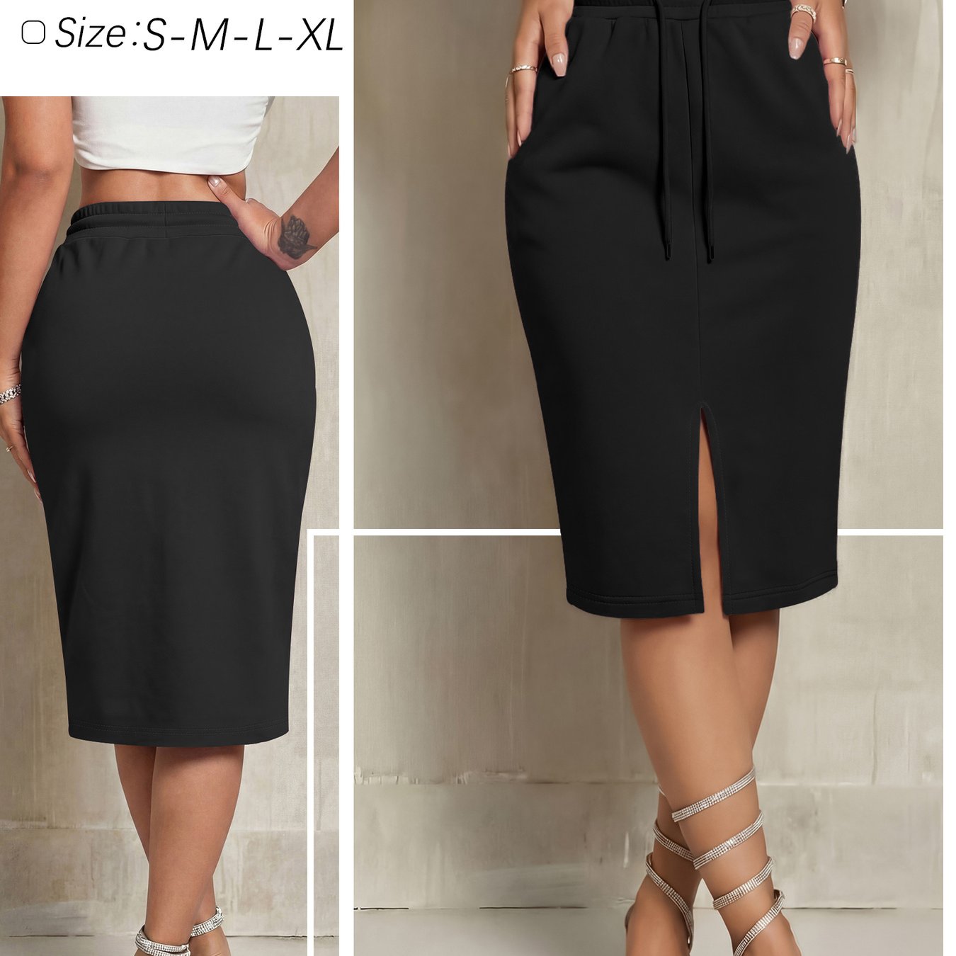 TEMU High-waist Drawstring Front Slit Skirt For Women, Niche Design Straight-cut Body-hugging Mid-length Skirt
