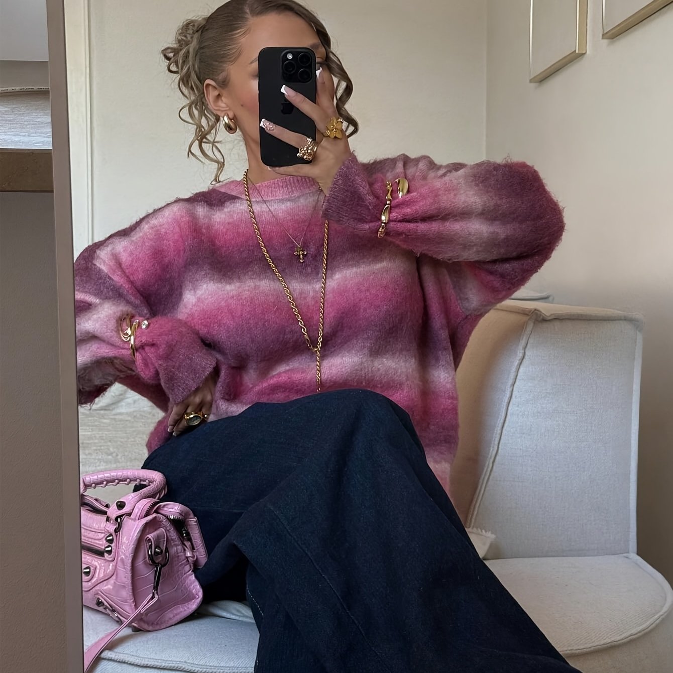TEMU Women's Elegant Gradient Horizontal Stripe Sweater - High-waist Crew Neck Pullover With Drop Shoulder Sleeves, Fall Winter Warm Suitable For