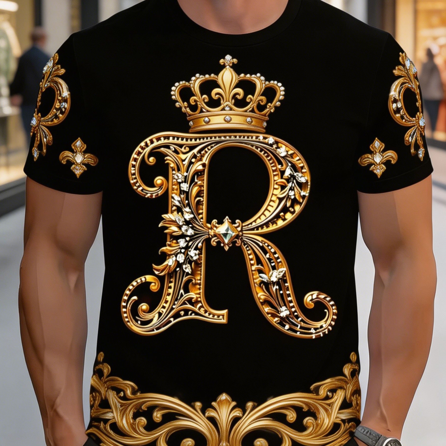 TEMU Men's Oversized Crown & R Letter T-shirt - Full-body Print Short Sleeve Crew Neck Top, Loose Fit Casual Summer Shirt With , Suitable For Gym,