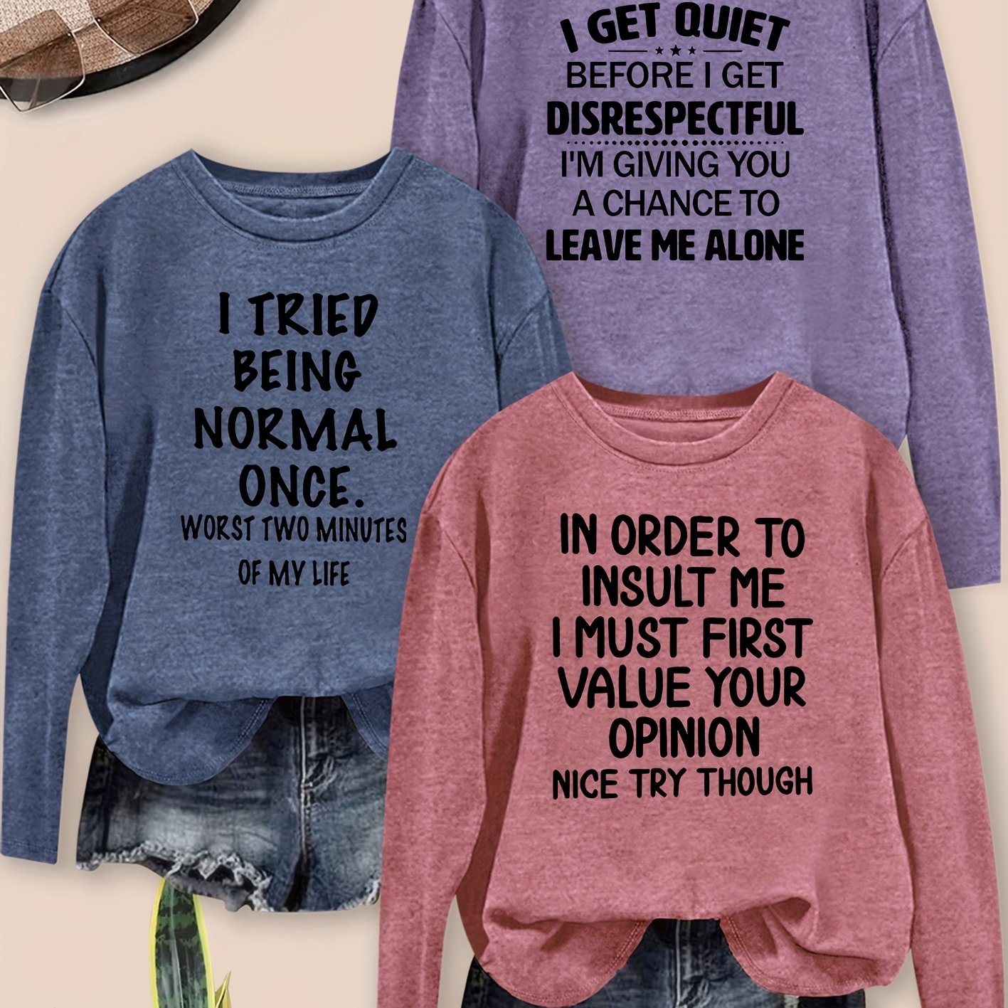 TEMU 3pcs Fashion Sarcastic Letter Print Round Neck Elegant Women's Long Sleeve T-shirt, For , Commuting And Daily Wear, Versatile Vintage Top Set,