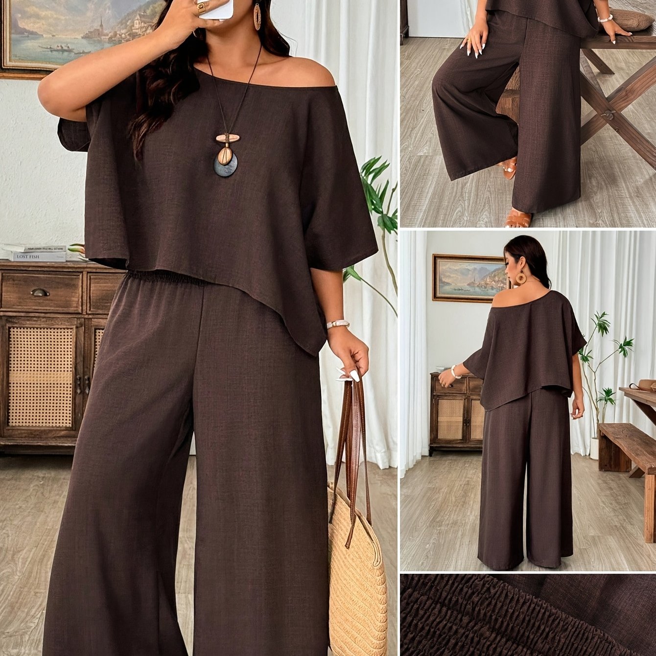 TEMU Women's Elegant Solid Color Asymmetrical Pullover + Solid Color Straight-leg Pants, A 2pcs Set For Daily Casual To Formal Wear, Off-shoulder