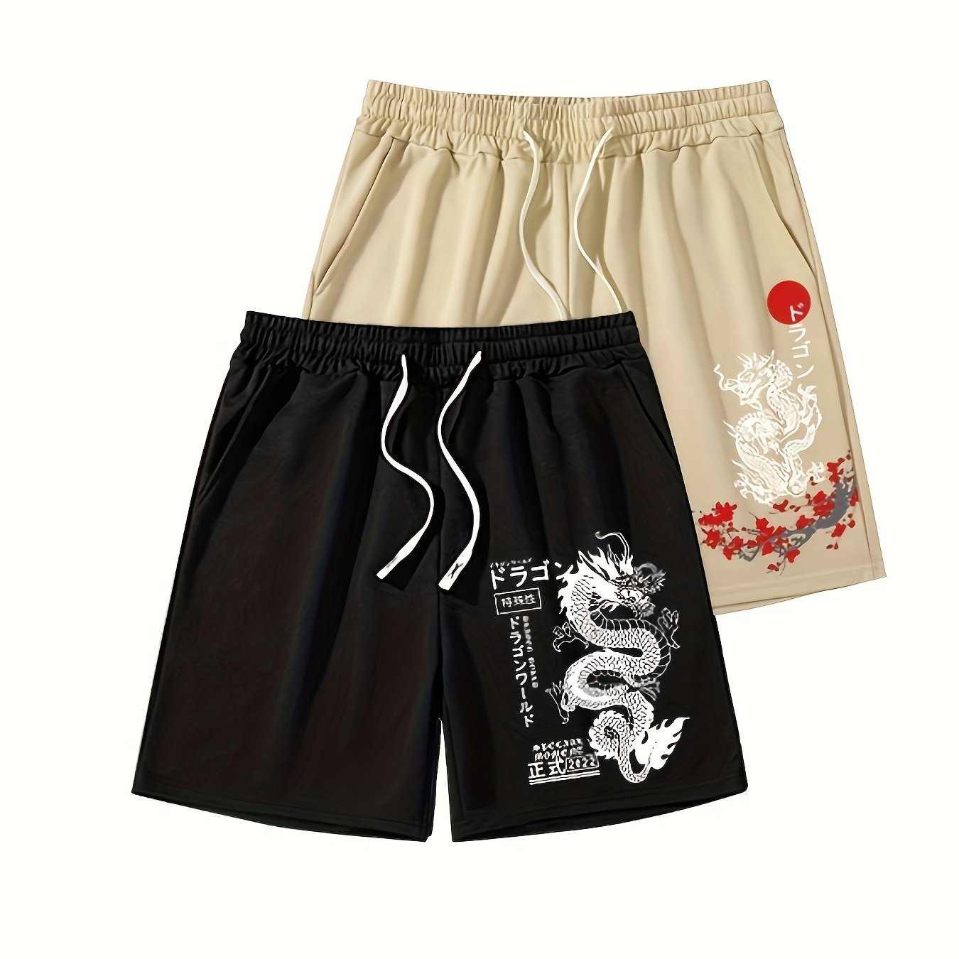 TEMU Sunrise Dragon Print Sport Drawstring Shorts 2pcs Set, Summer Outdoor Outfit